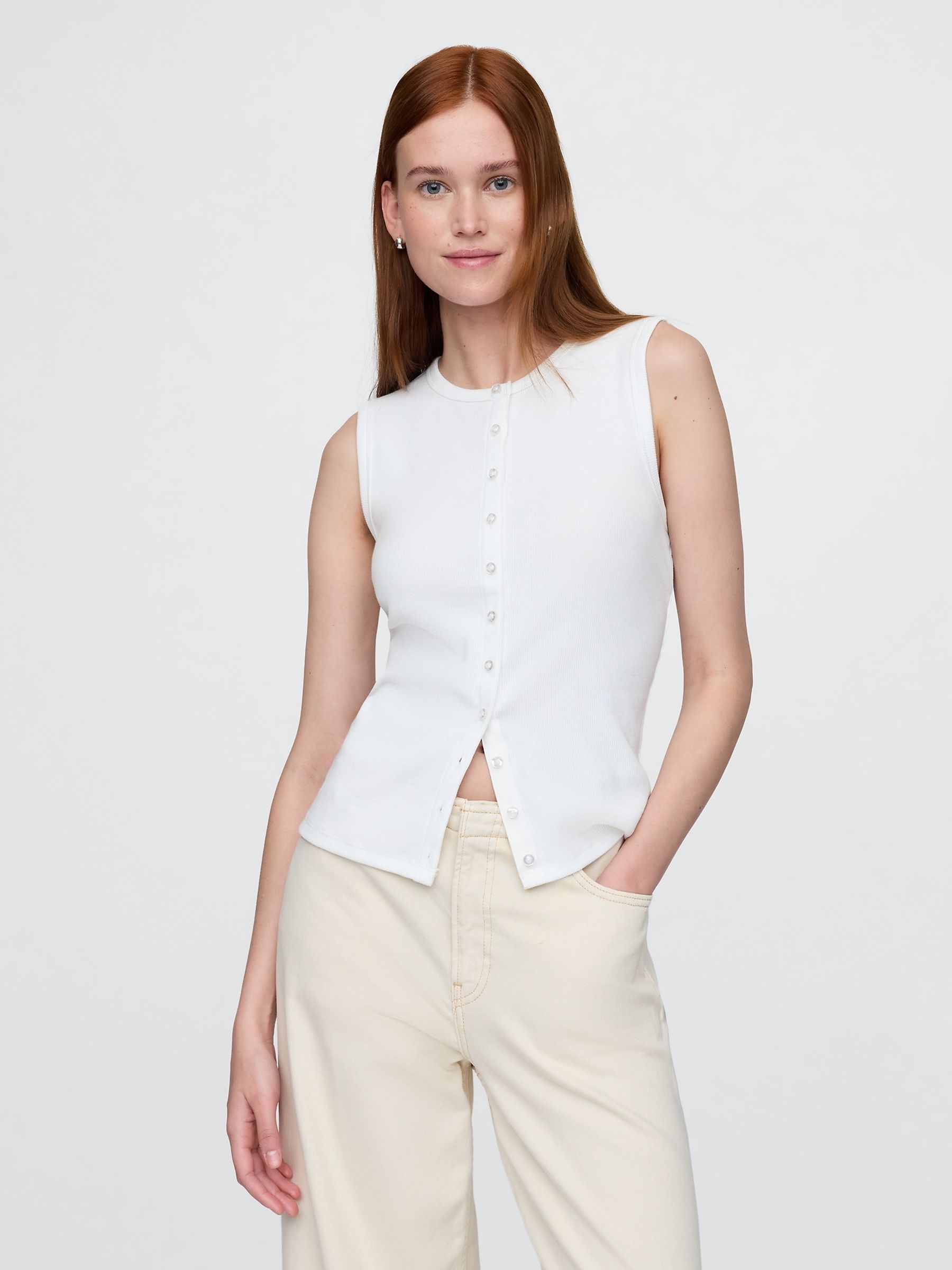 White Cotton-Modal Modern Ribbed Cardigan Vest - Image 1 of 5
