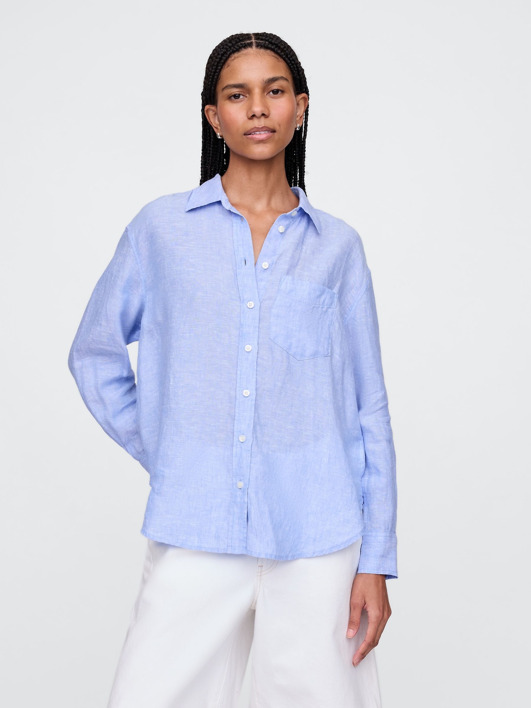 Blue 100% Linen Button Down Long Sleeve Oversized Shirt - Image 1 of 4