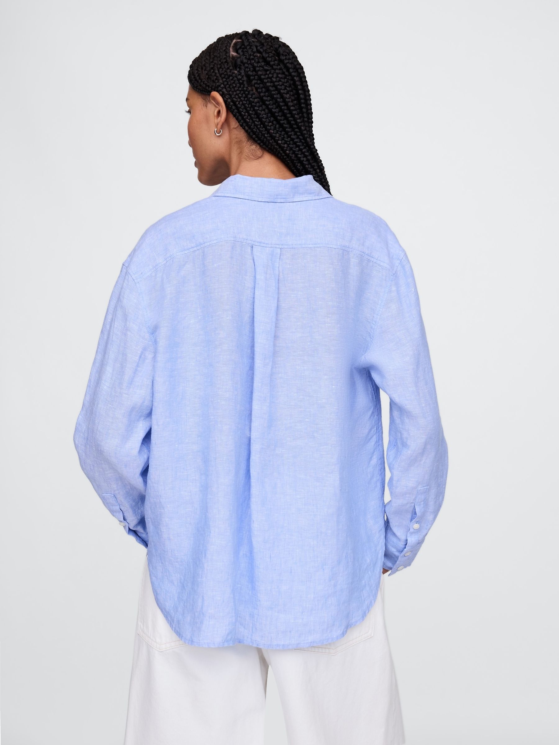 Blue 100% Linen Button Down Long Sleeve Oversized Shirt - Image 2 of 4