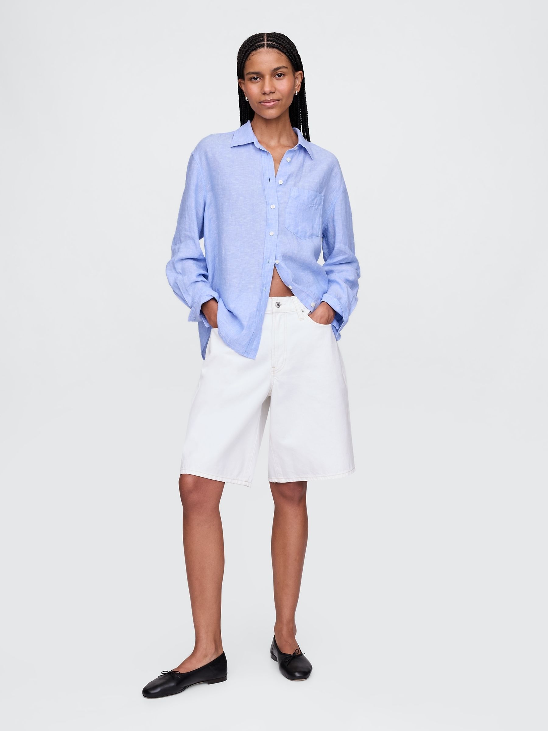 Blue 100% Linen Button Down Long Sleeve Oversized Shirt - Image 3 of 4