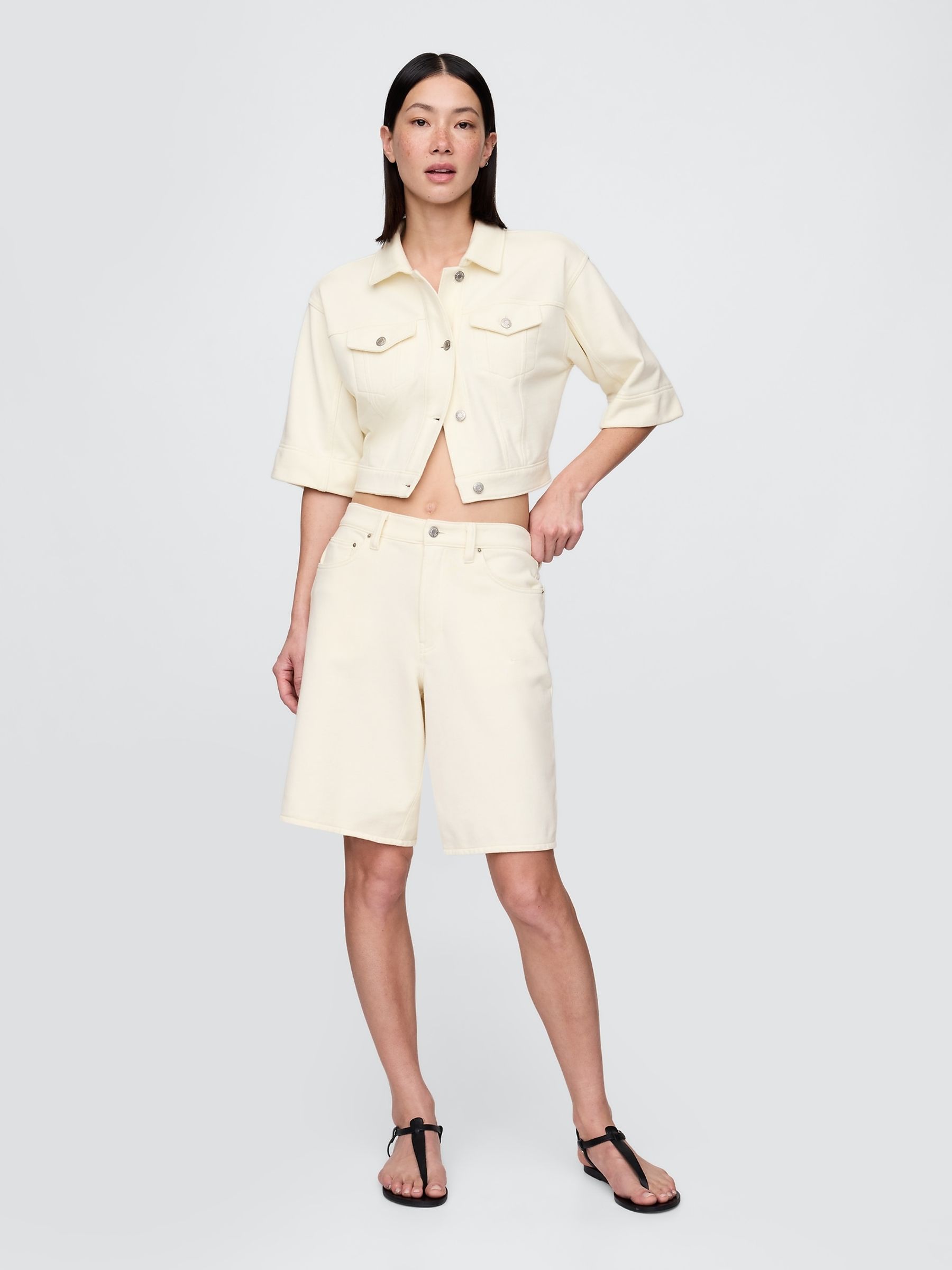 Cream 11" Mid Waisted French Terry Denim Longline Shorts - Image 4 of 5