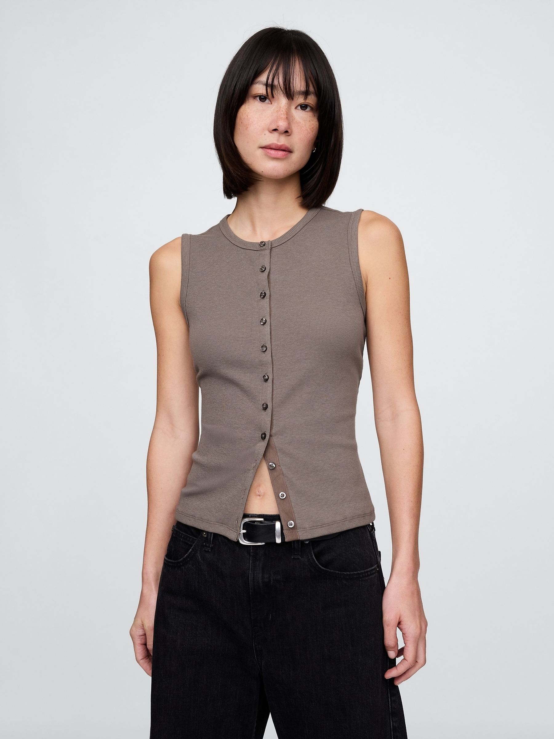 Brown Cotton-Modal Modern Ribbed Cardigan Vest - Image 1 of 5
