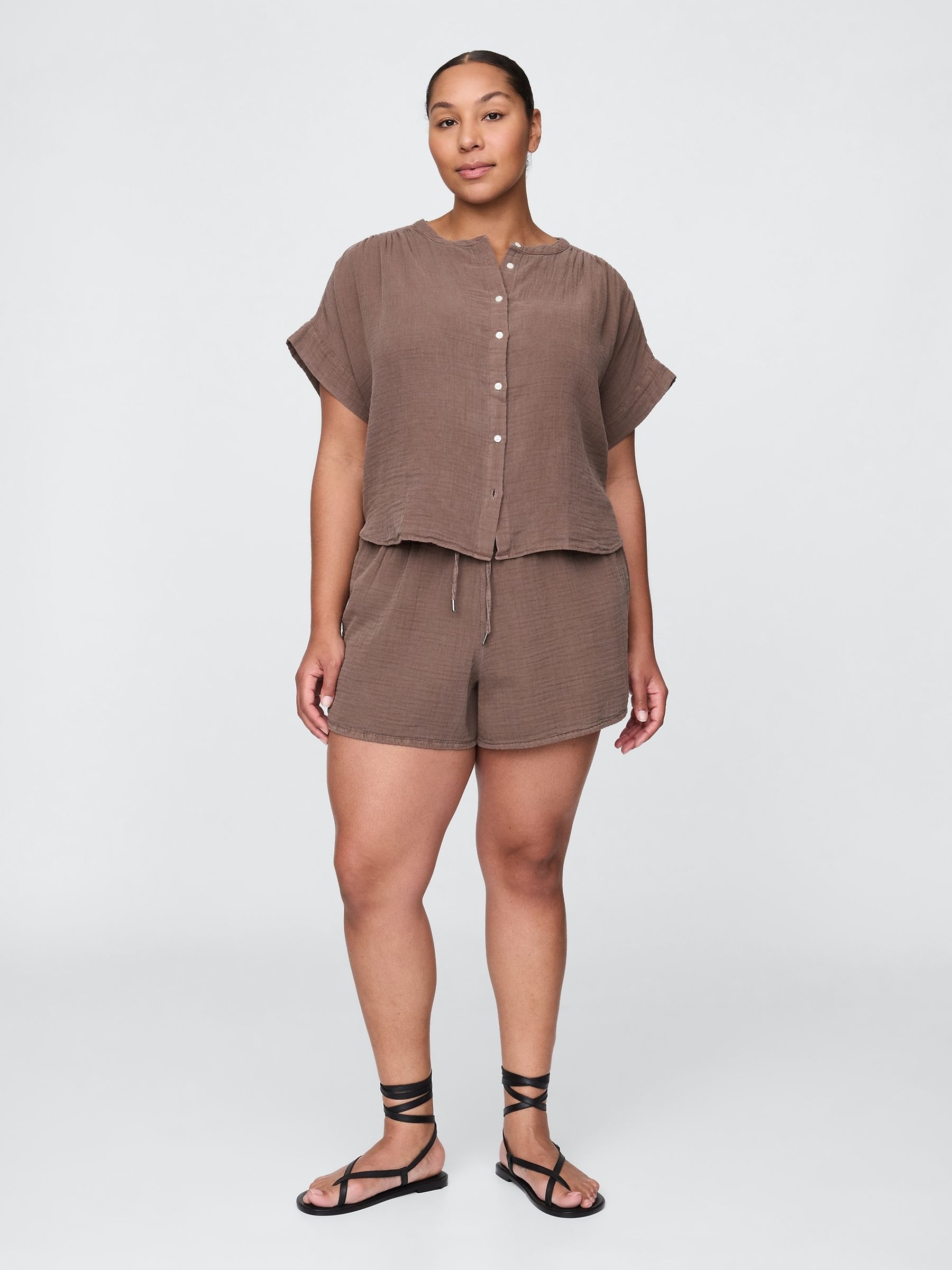 Brown 100% Cotton Crinkle Gauze Easy Shorts - Image 4 of 5