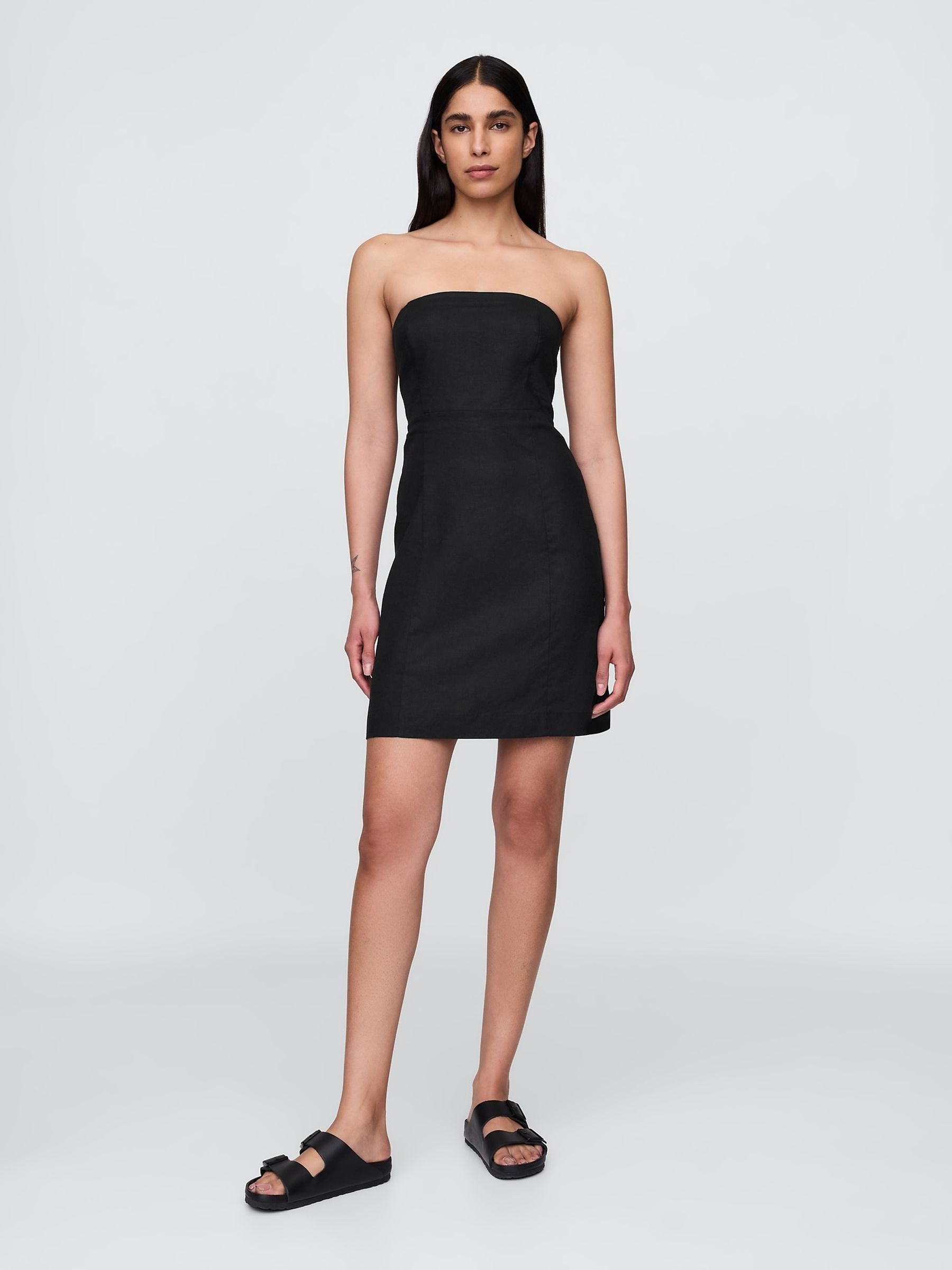 Black Linen-Blend A-Line Mini Dress - Image 1 of 3
