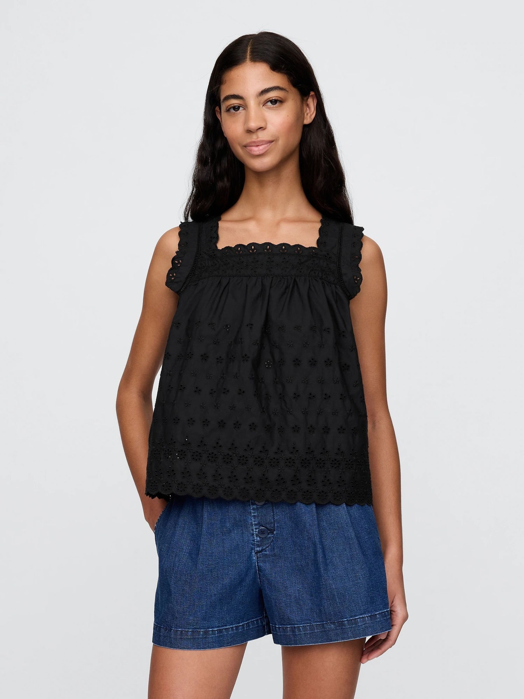 Black DÔEN Eyelet Sleeveless Top - Image 1 of 6