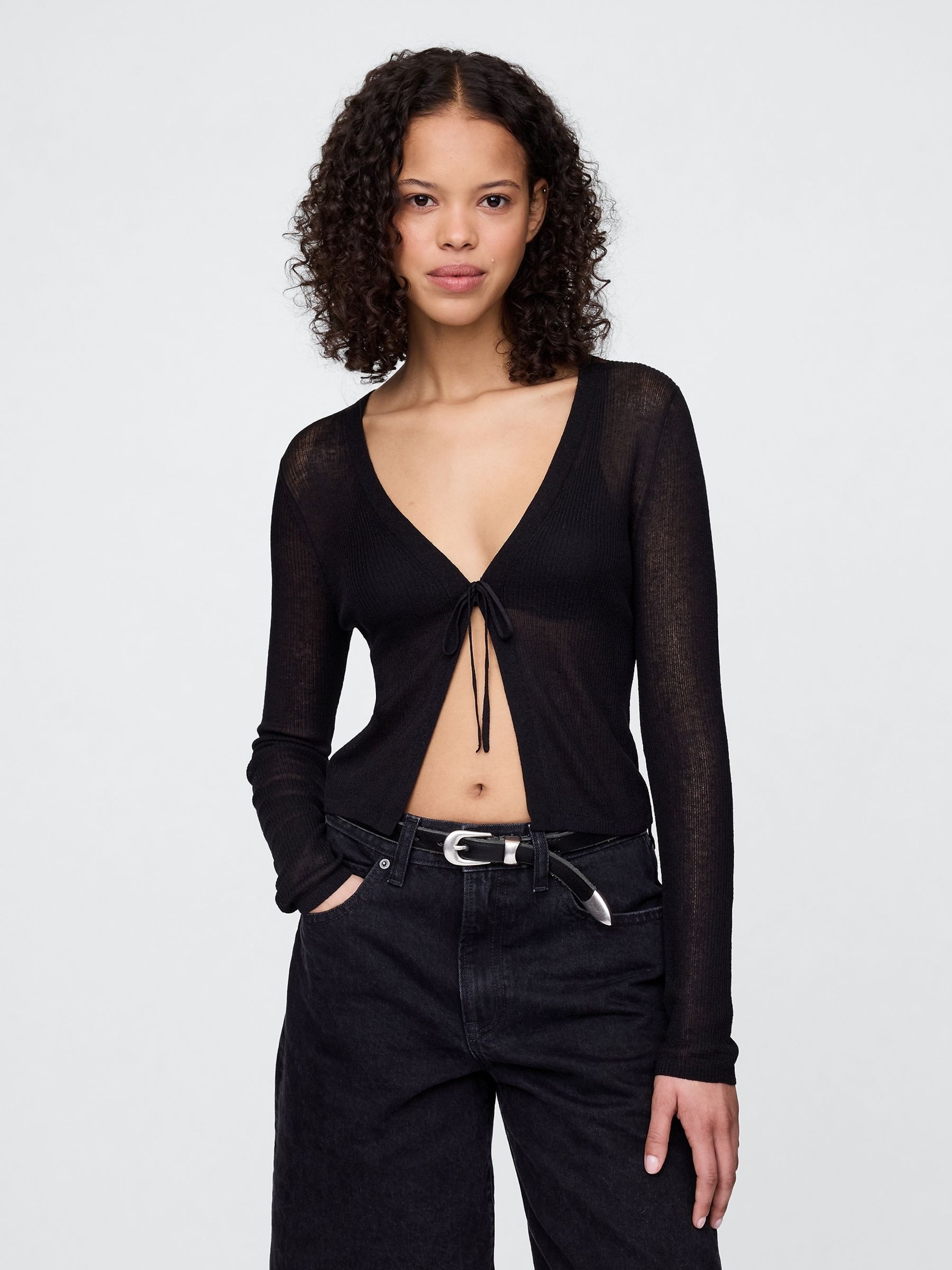Black Sheer Rib Cropped Tie-Front Cardigan - Image 1 of 4