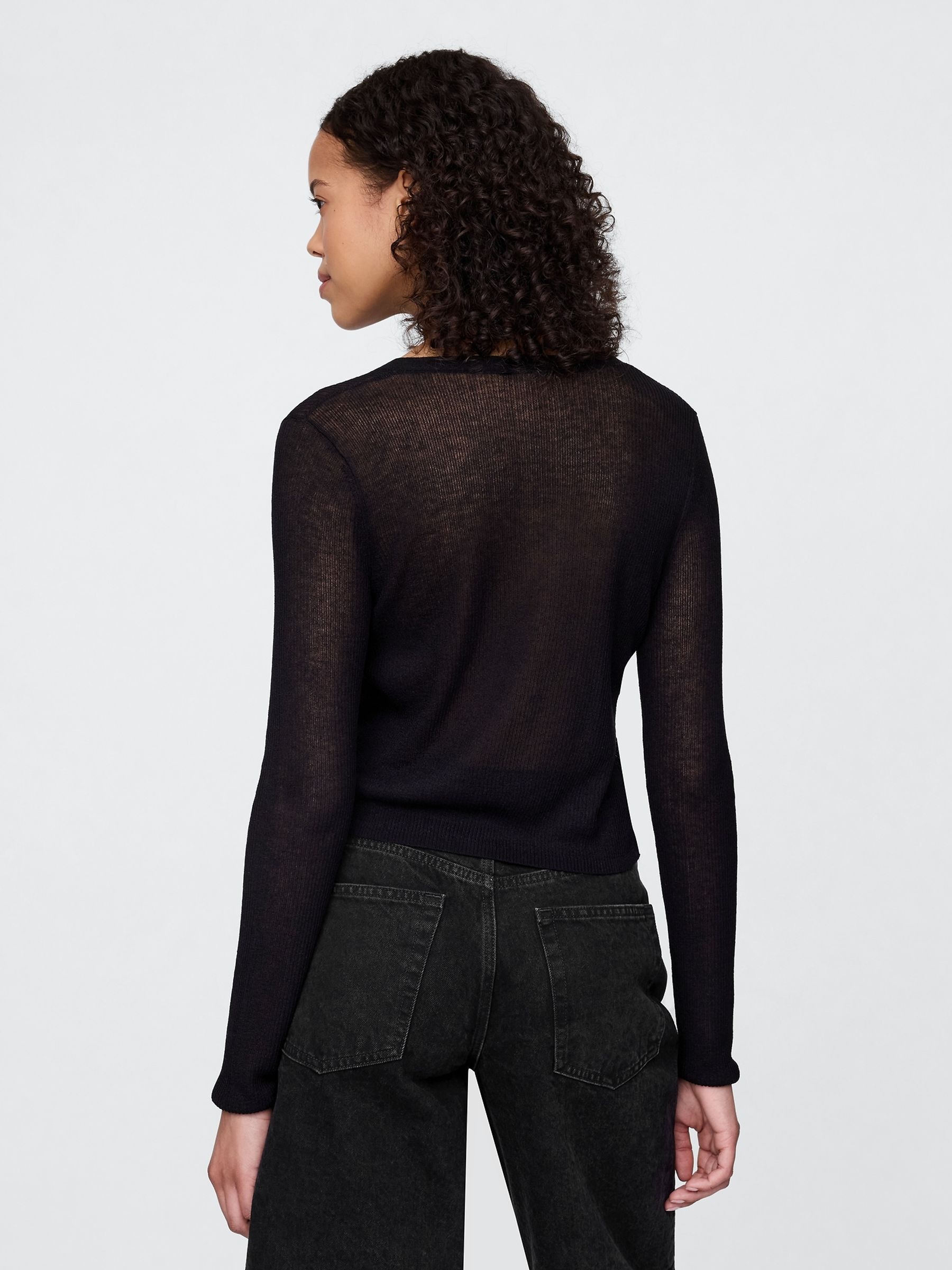 Black Sheer Rib Cropped Tie-Front Cardigan - Image 2 of 4