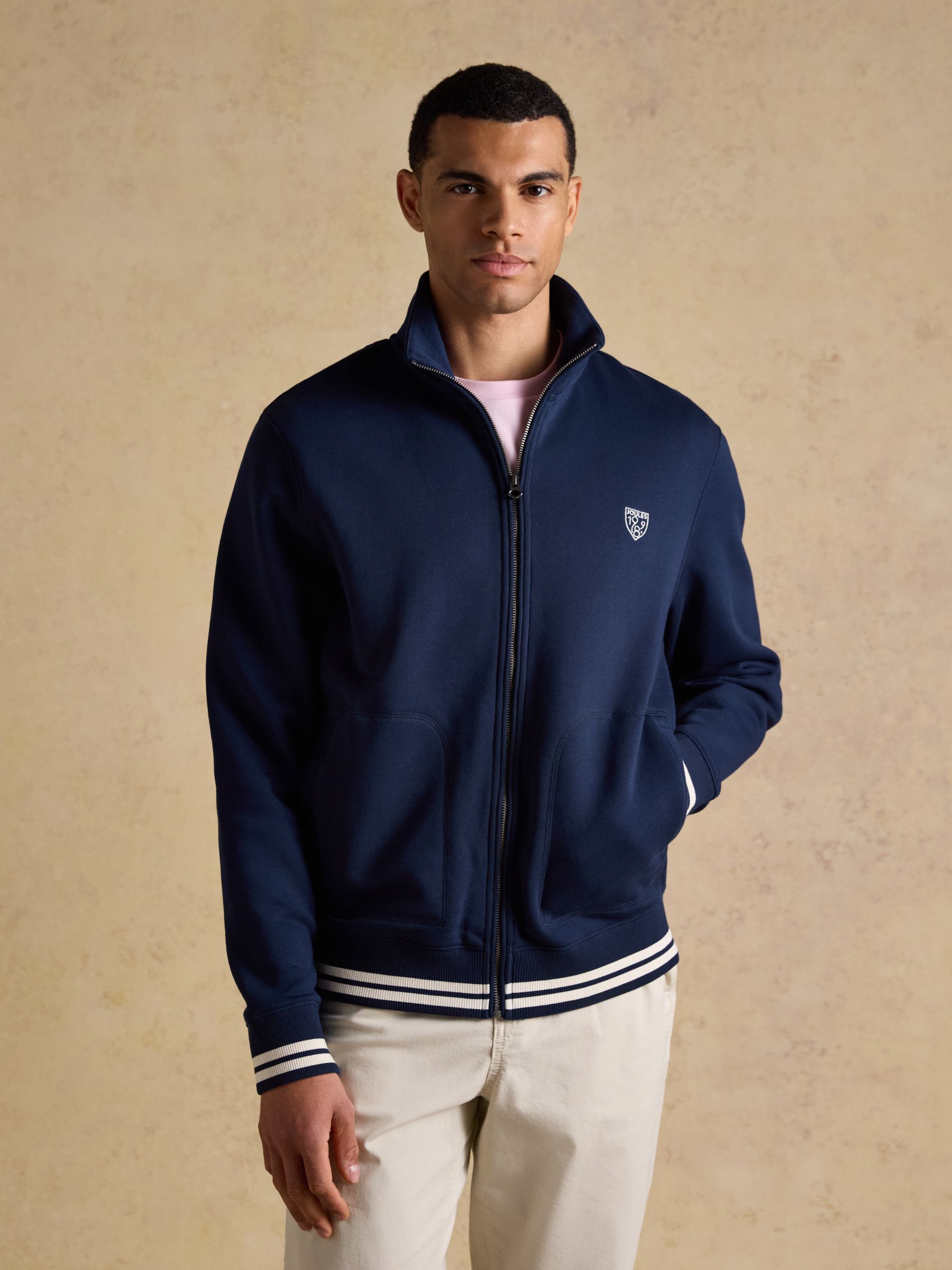 Navy Brushed Cotton Zip Through Track Sweatshirt - Image 1 of 10