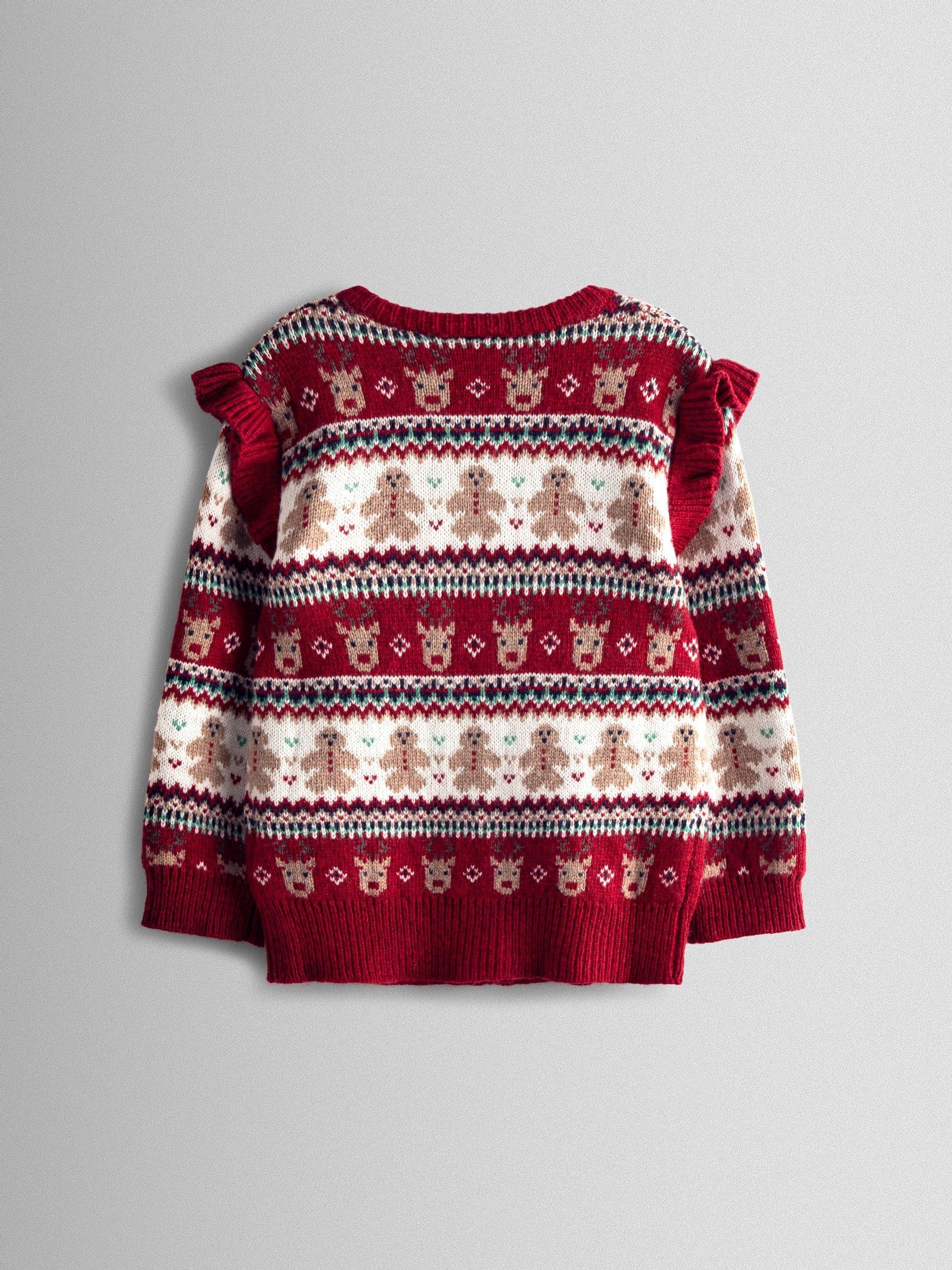 Red Reindeer Christmas Frill Shoulder Fairisle Cardigan - Image 4 of 4