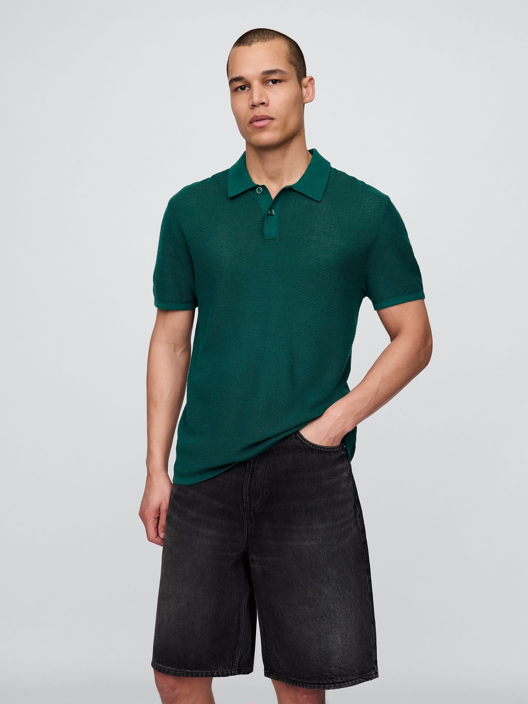 Dark Green Textured Crochet Short Sleeve Polo Shirt - Image 1 of 5