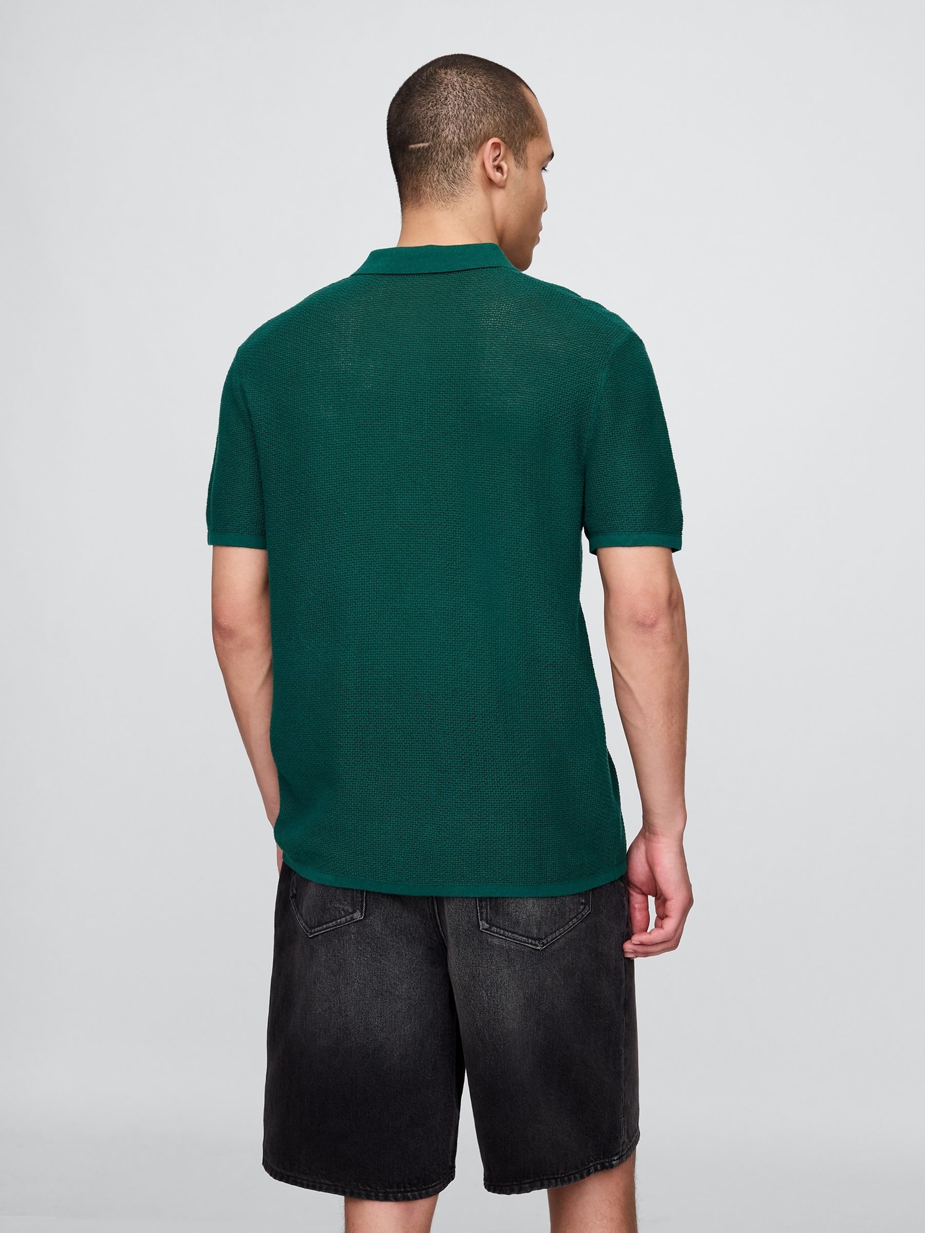 Dark Green Textured Crochet Short Sleeve Polo Shirt - Image 2 of 5