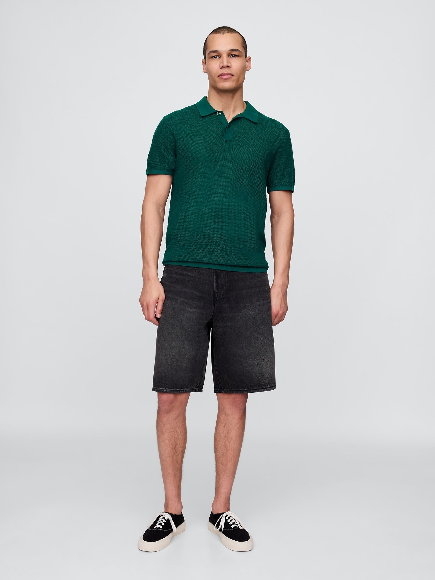 Dark Green Textured Crochet Short Sleeve Polo Shirt - Image 3 of 5