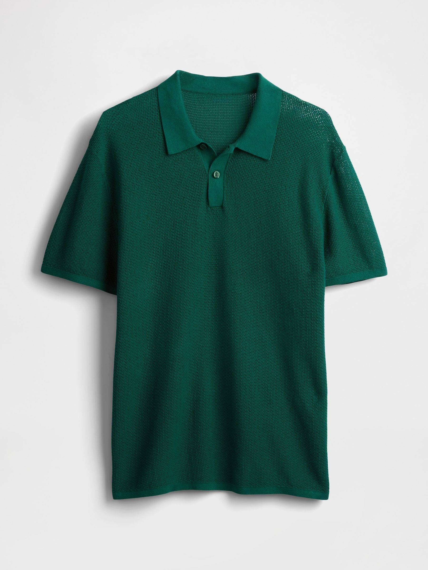 Dark Green Textured Crochet Short Sleeve Polo Shirt - Image 4 of 5