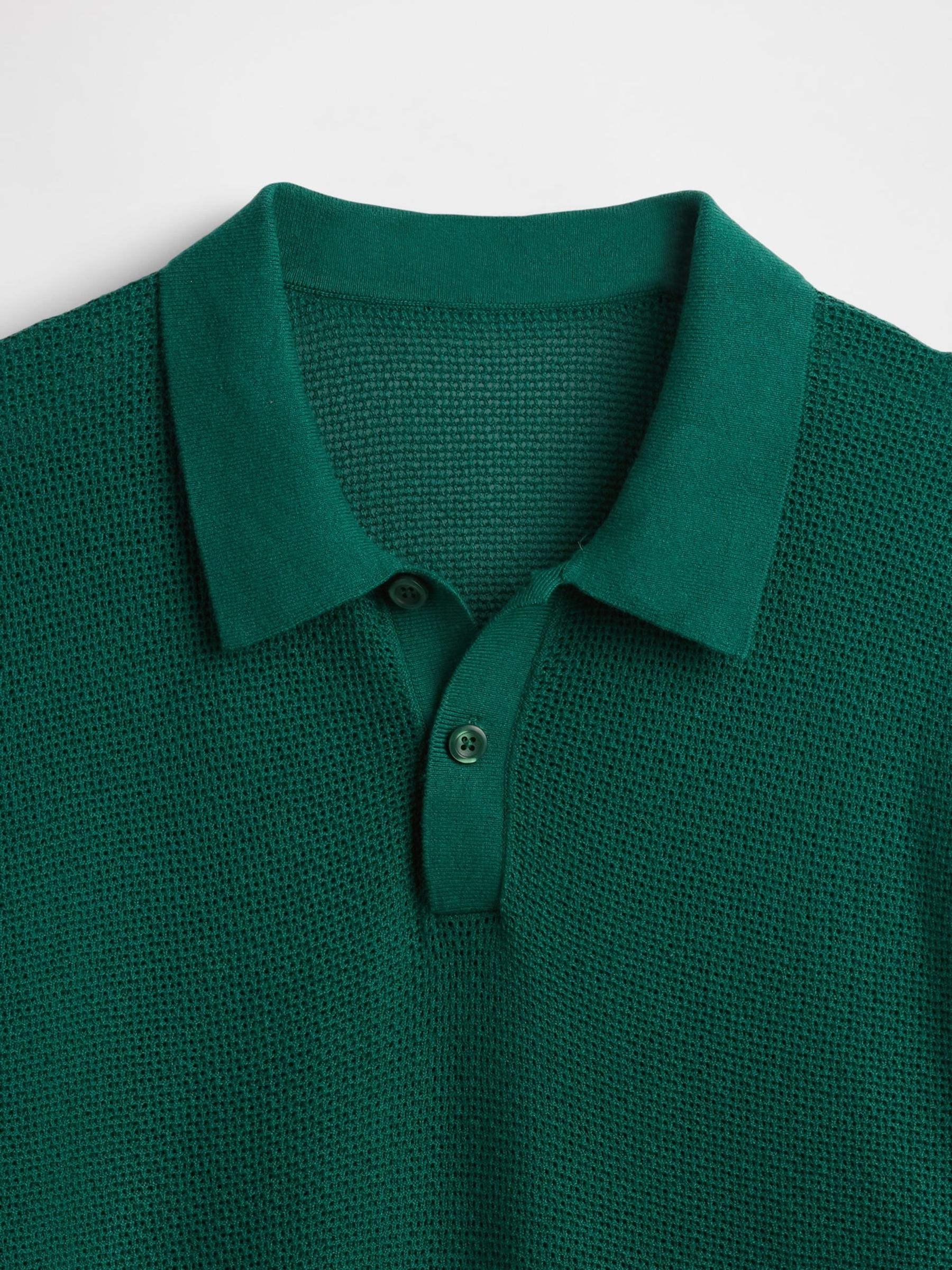 Dark Green Textured Crochet Short Sleeve Polo Shirt - Image 5 of 5
