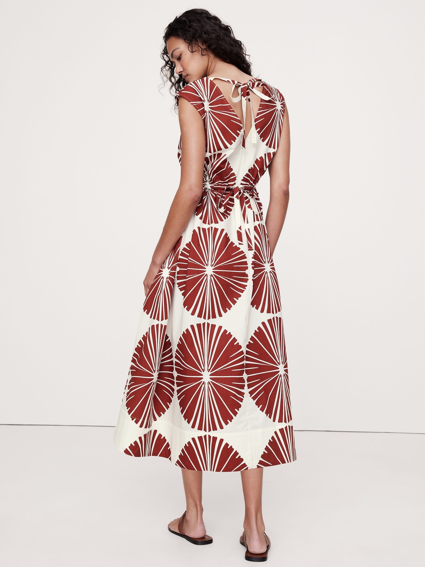 Banana Republic Red/White Print Cotton Poplin Side Cut-Out Midi Dress - Image 2 of 5