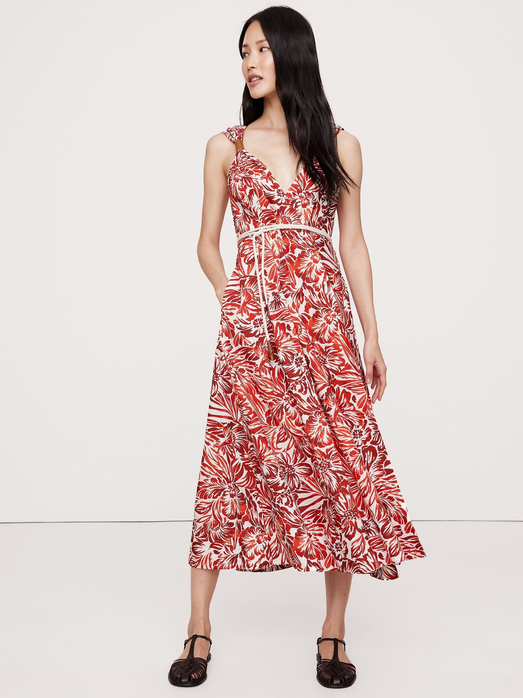 Banana Republic Red Floral Cotton Poplin Wrap Maxi Dress - Image 1 of 4