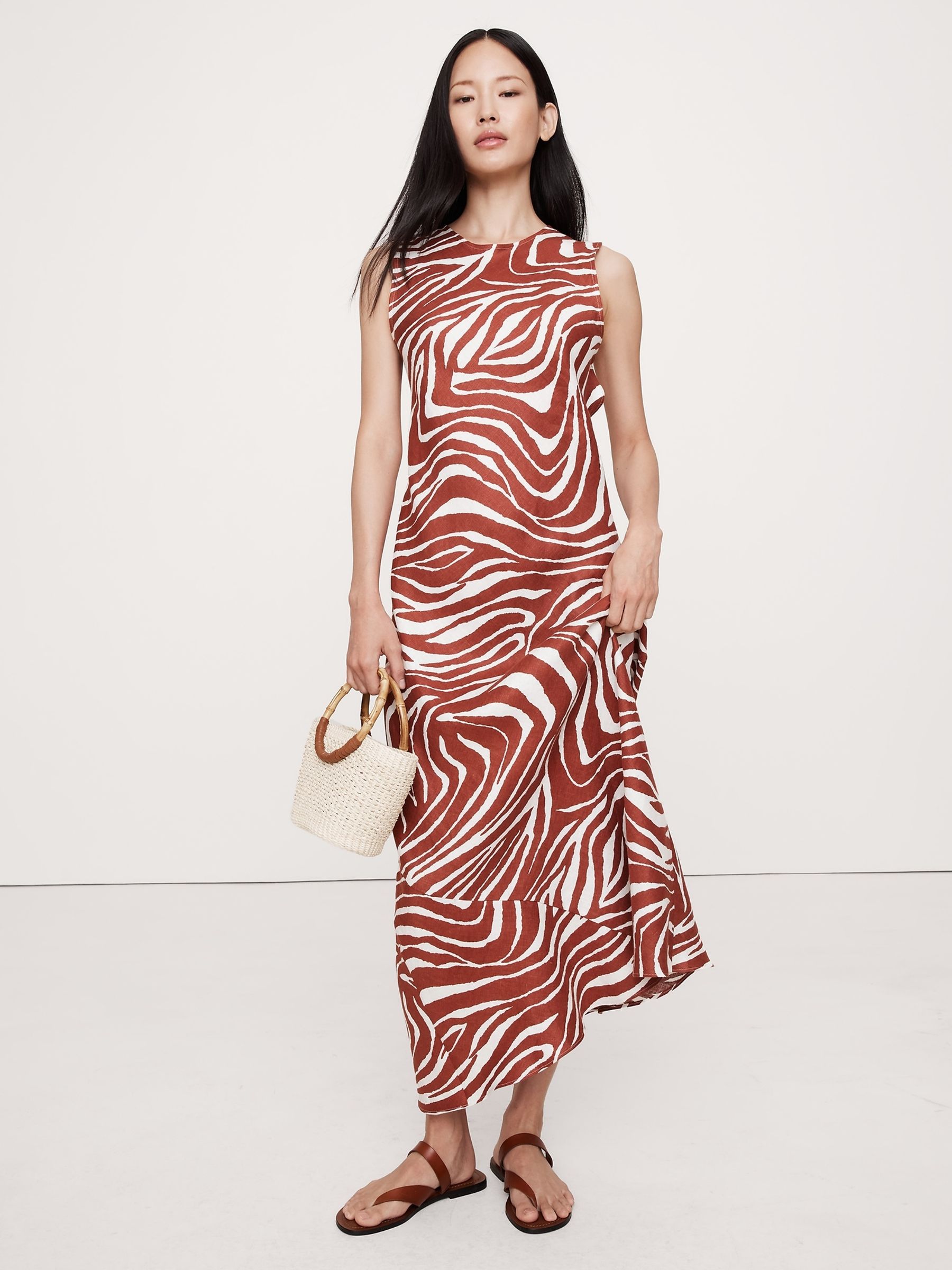 Banana Republic Brown/White Print Backless Linen Maxi Dress - Image 3 of 5