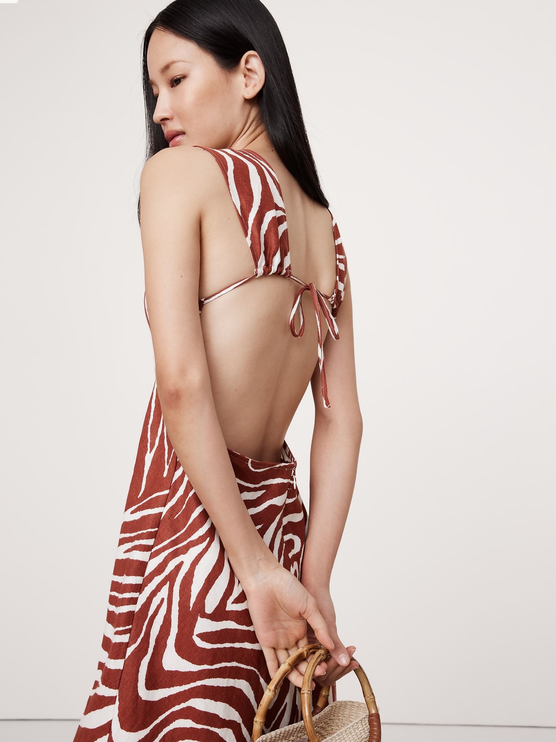 Banana Republic Brown/White Print Backless Linen Maxi Dress - Image 4 of 5