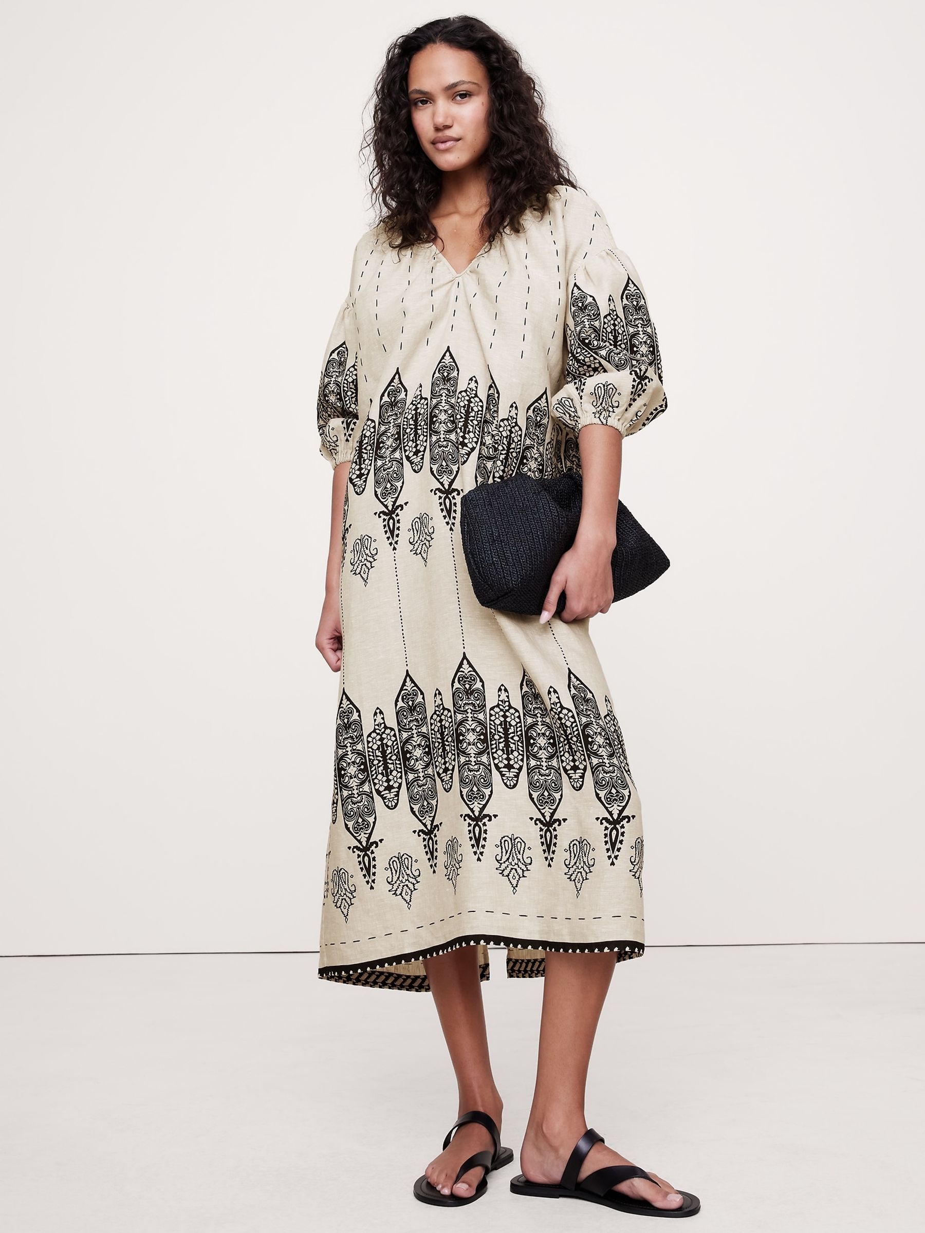 Banana Republic Black/Neutral Linen V Neck Maxi Dress - Image 1 of 1