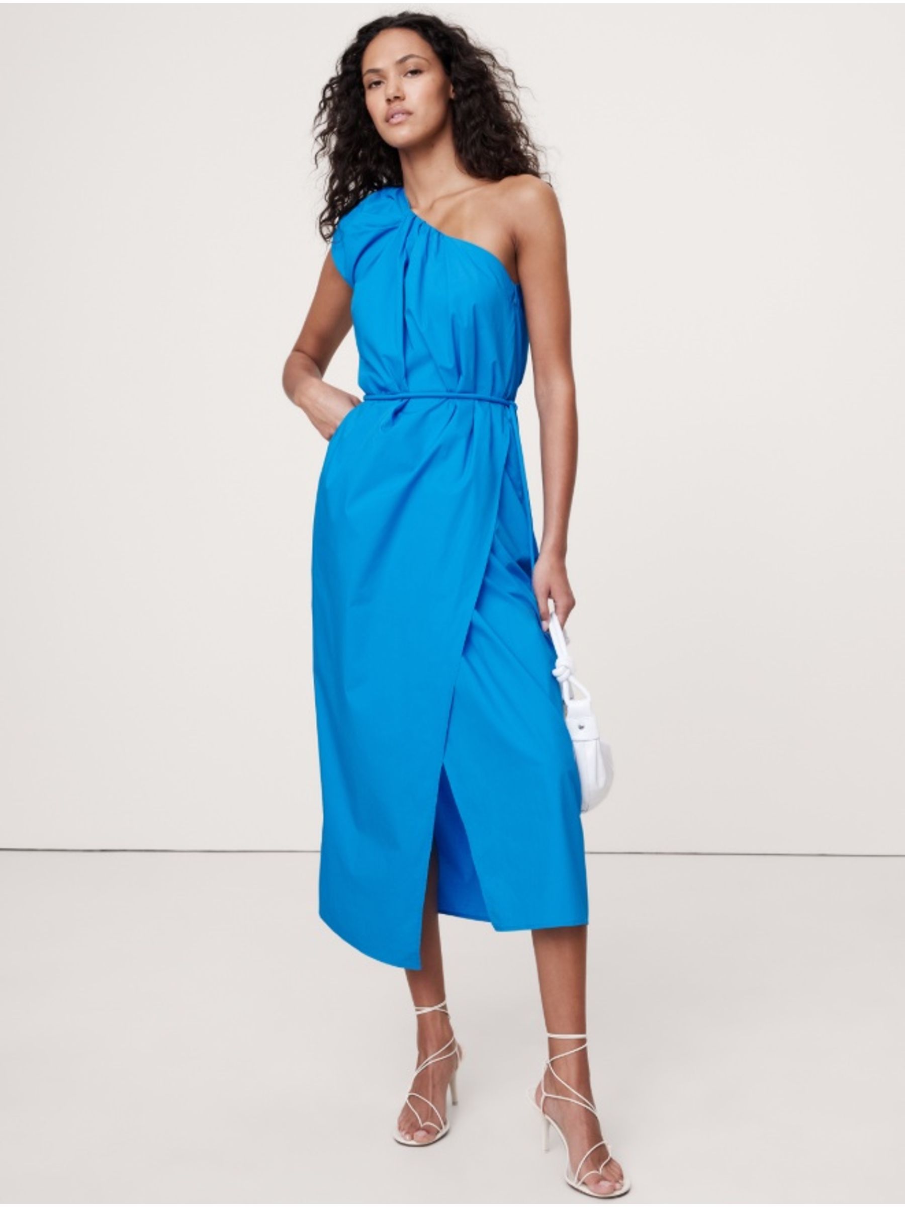 Banana Republic Blue Ruched Cotton Poplin One-Shoulder Maxi Dress - Image 1 of 5