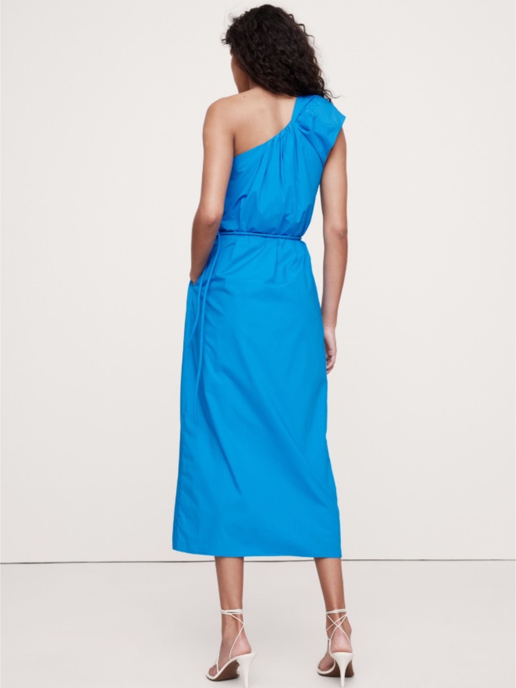 Banana Republic Blue Ruched Cotton Poplin One-Shoulder Maxi Dress - Image 2 of 5