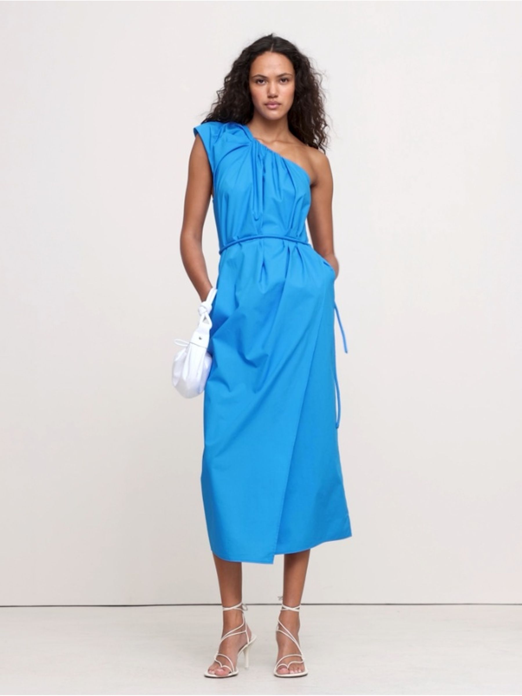 Banana Republic Blue Ruched Cotton Poplin One-Shoulder Maxi Dress - Image 3 of 5