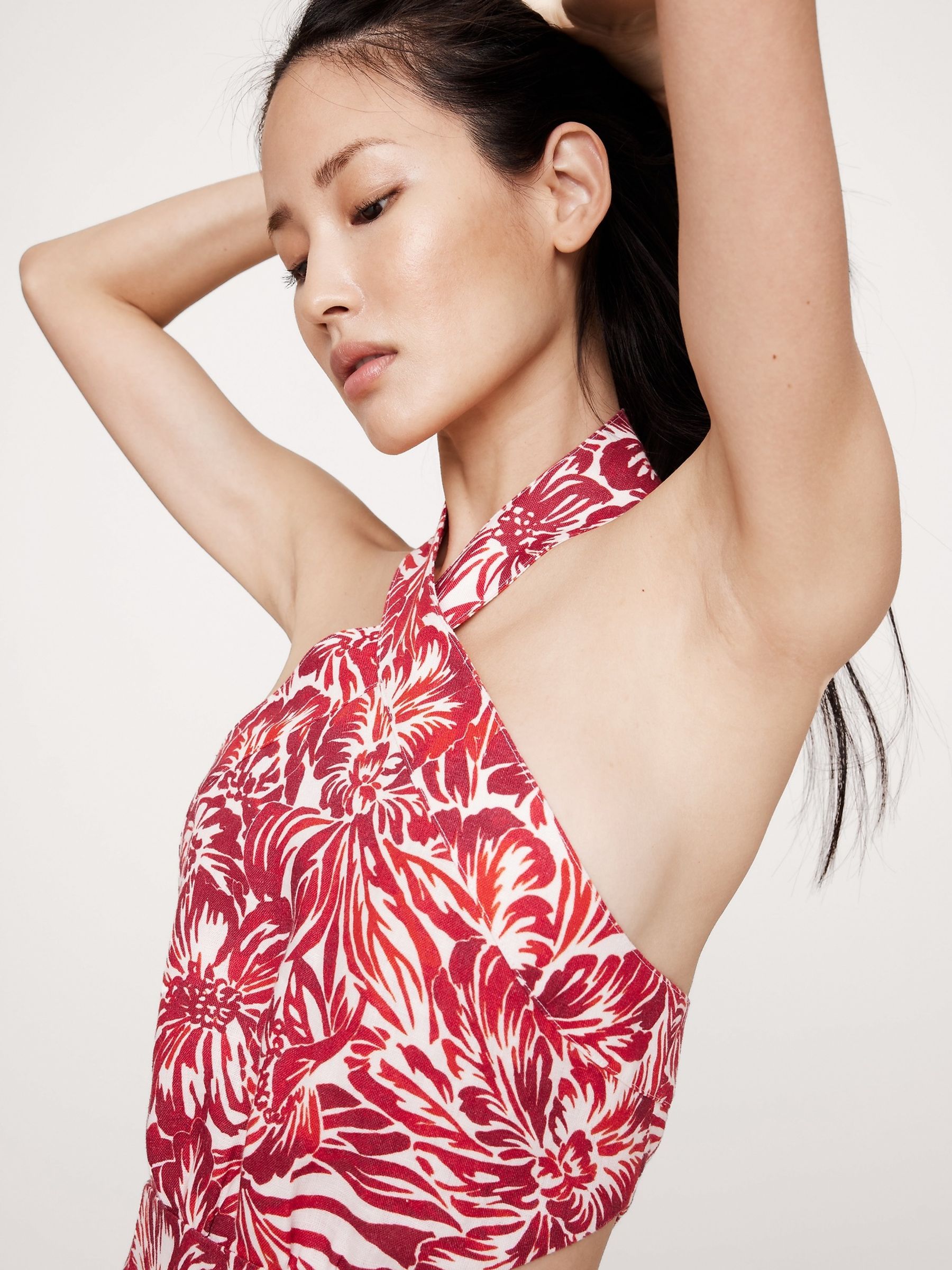Banana Republic Red/White Floral Linen Halter Cut-Out Mini Dress - Image 4 of 5