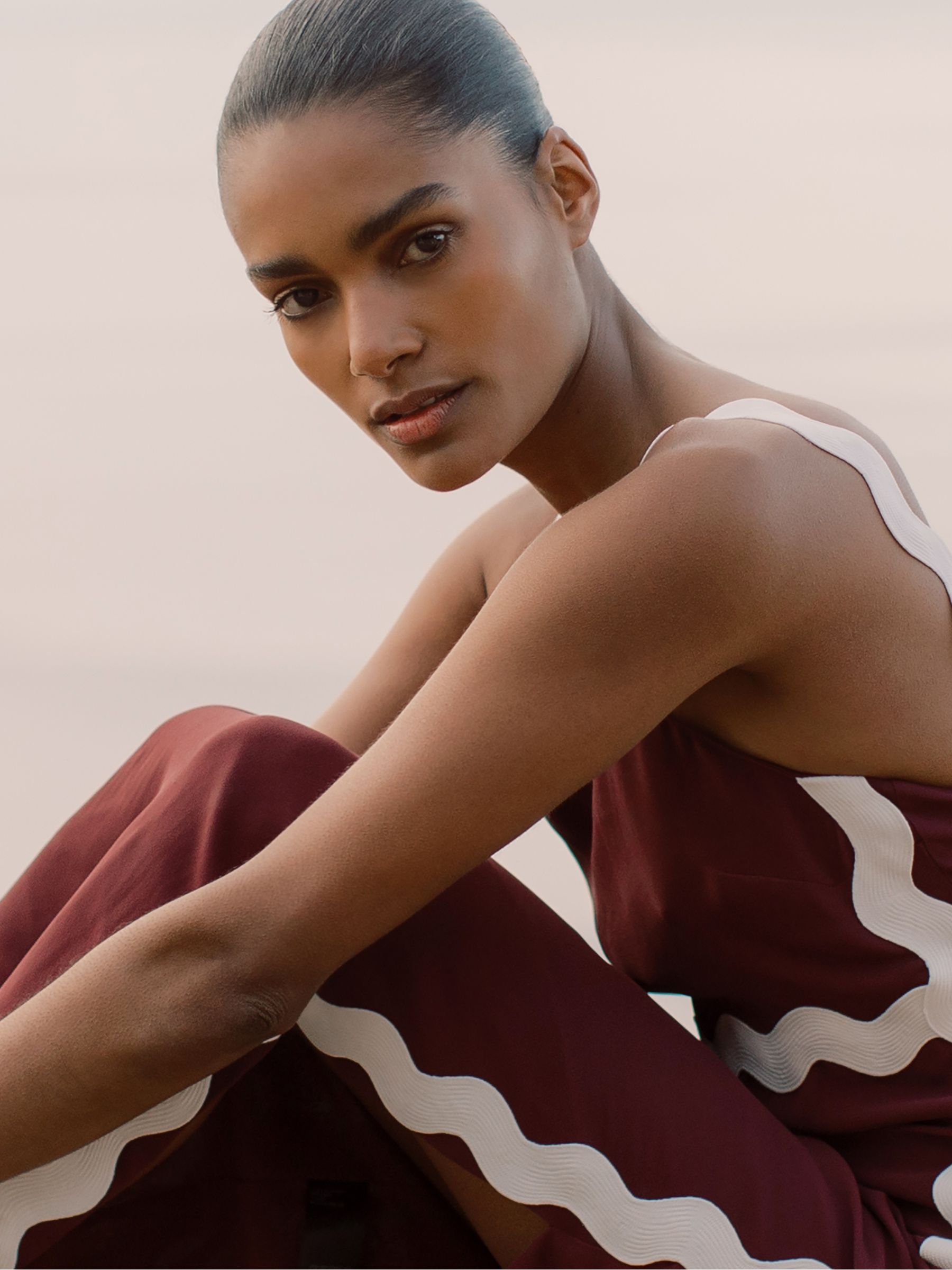 Wave-Trim Crepe Midi Dress in Burgundy - Image 3 of 7