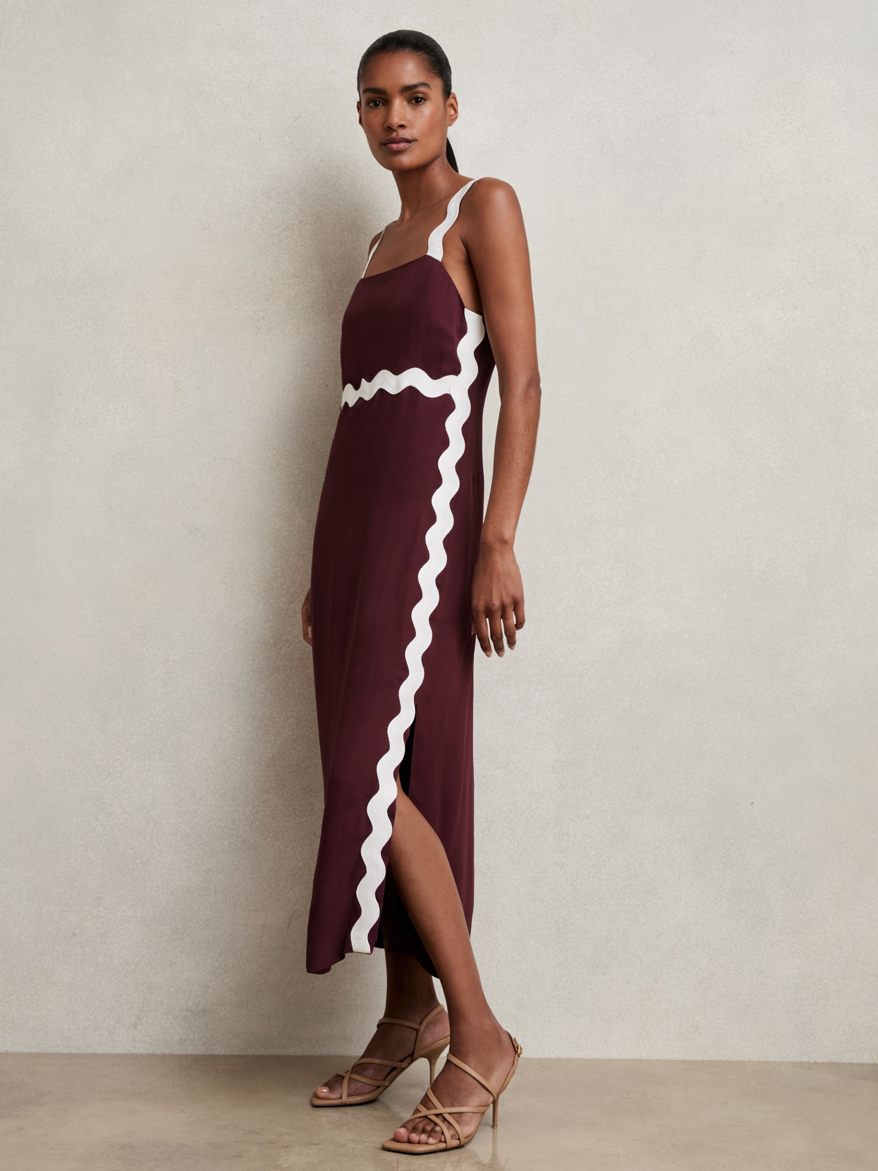 Wave-Trim Crepe Midi Dress in Burgundy - Image 4 of 7