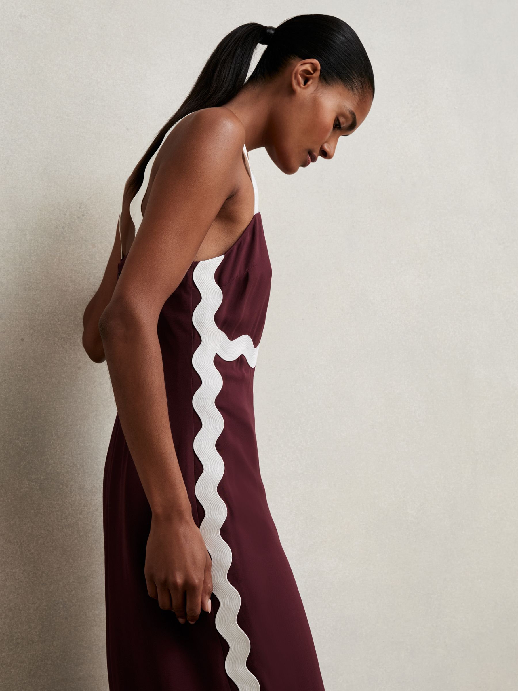 Wave-Trim Crepe Midi Dress in Burgundy - Image 6 of 7