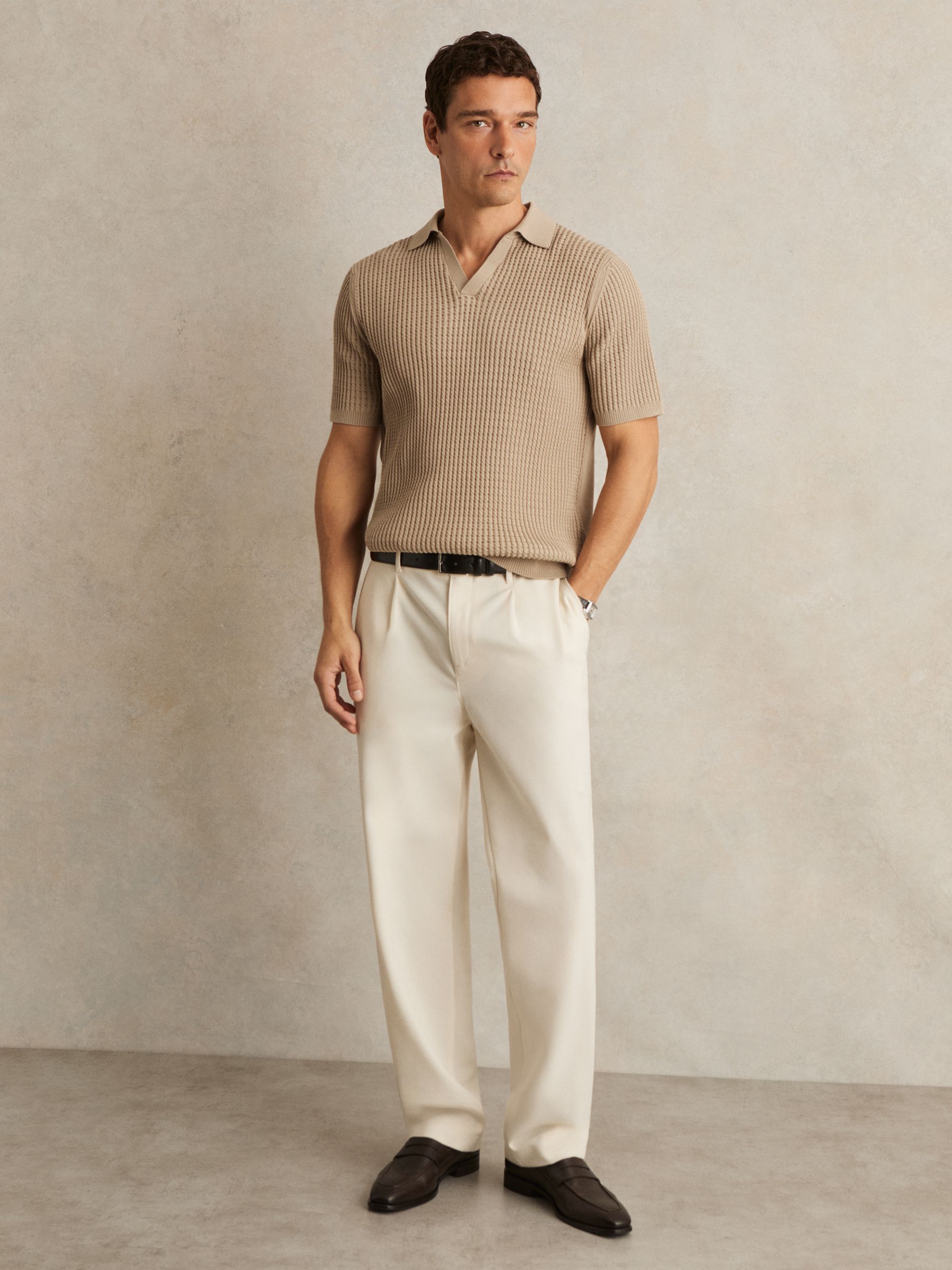Micro-Cable Open-Collar Cotton-Blend Shirt in Light Camel Brown - image 4