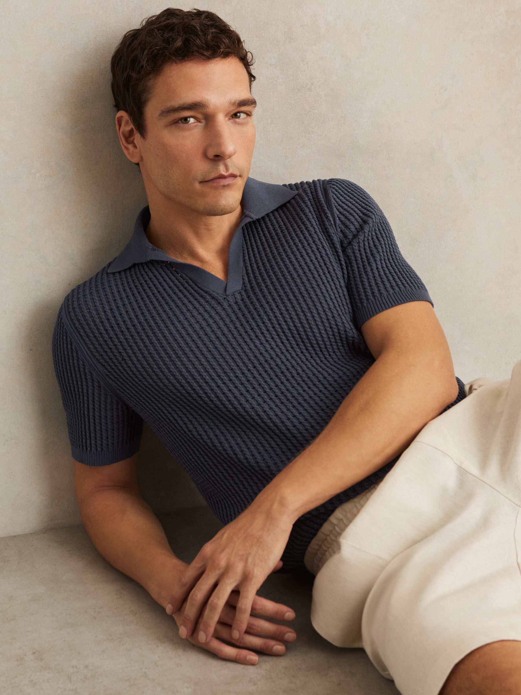 Micro-Cable Open-Collar Cotton-Blend Shirt in Dark Airforce Blue - Image 5 of 7