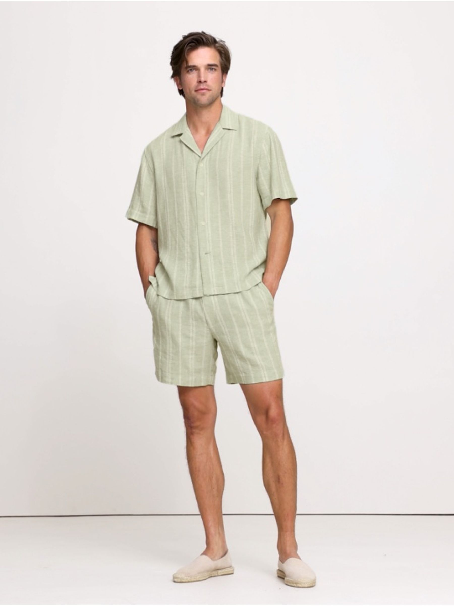 Banana Republic Green Stripe Linen-Viscose Resort Shirt - Image 2 of 3