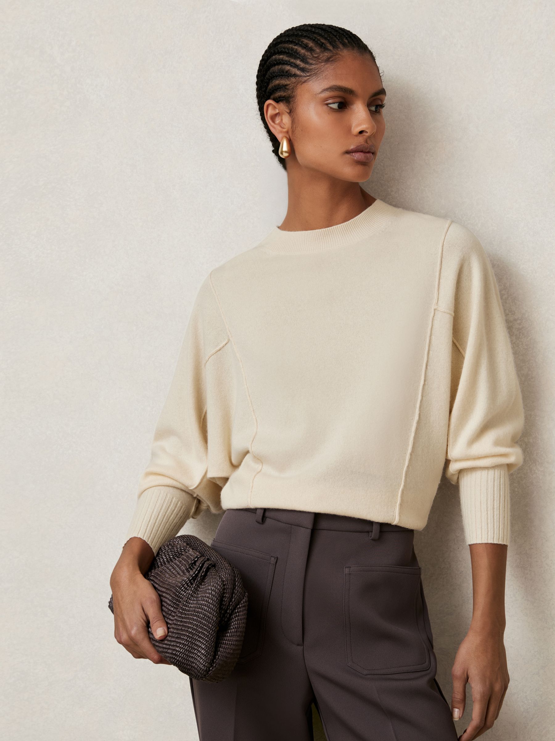 Wool-Blend Reverse-Seam Batwing Jumper With Cashmere in Cream - Image 1 of 7 Wool-Blend Reverse-Seam Batwing Jumper With Cashmere in Cream - Image 1 of 7