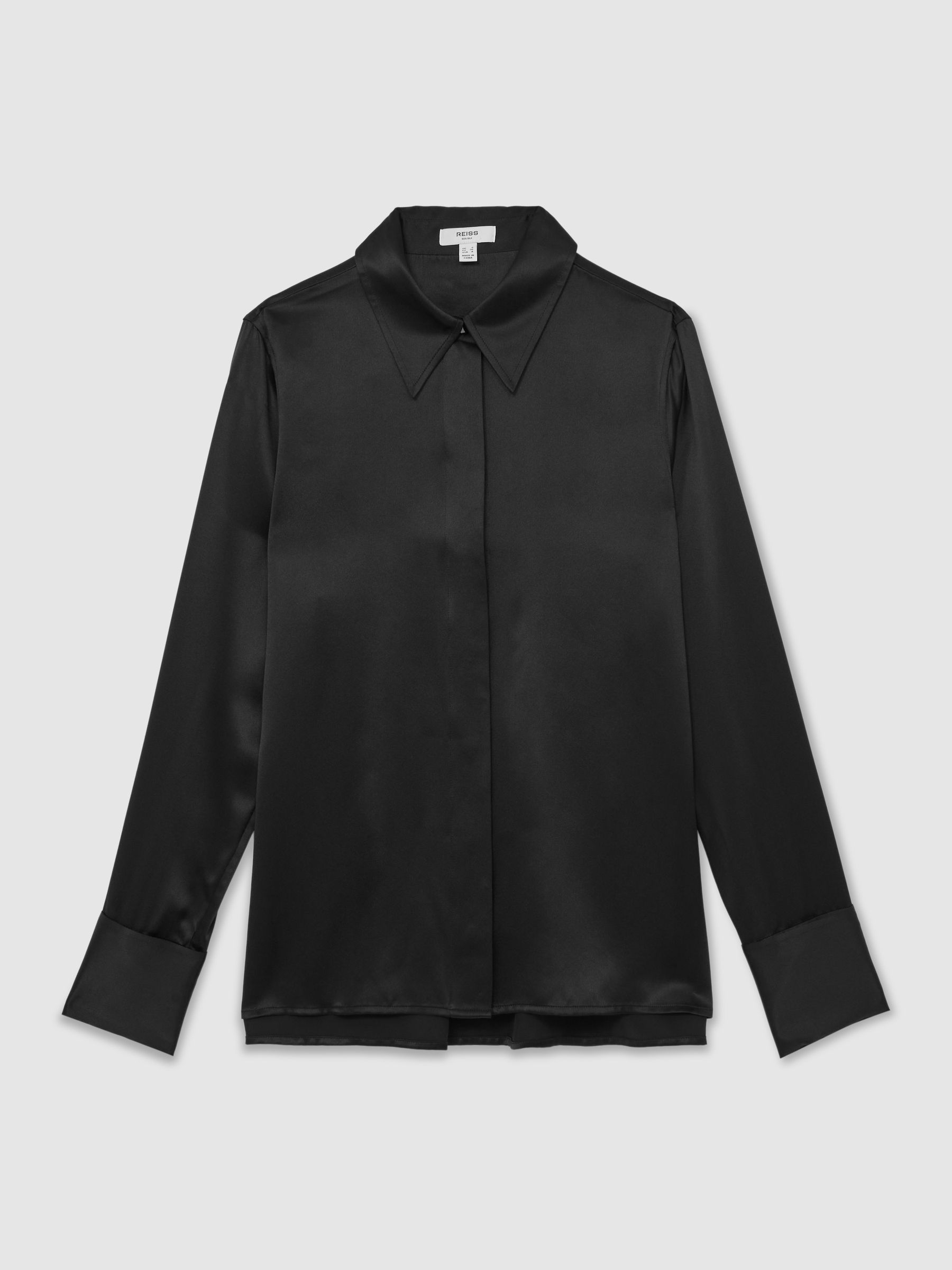 Silk-Satin Concealed-Placket Shirt in Black - Image 2 of 6