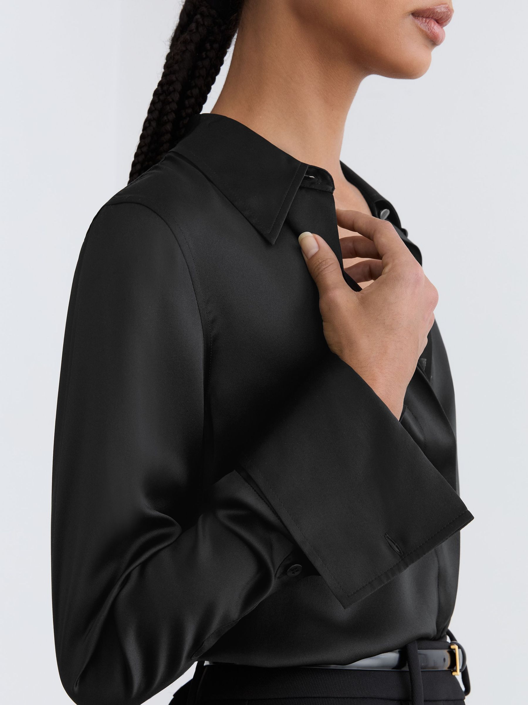 Silk-Satin Concealed-Placket Shirt in Black - image 5