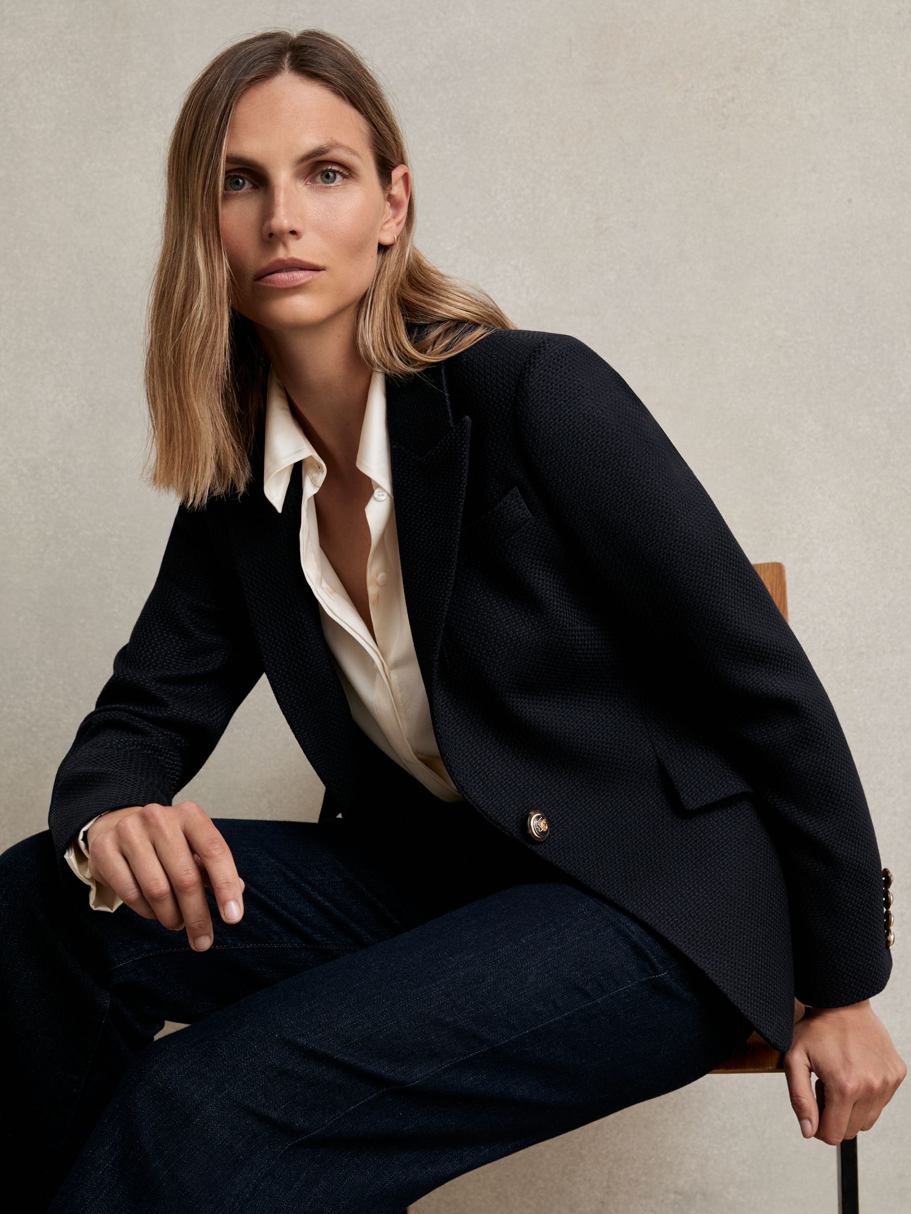 Single-Breasted Textured Blazer Wool-Blend in Navy - Image 1 of 6 Single-Breasted Textured Blazer Wool-Blend in Navy - Image 1 of 6