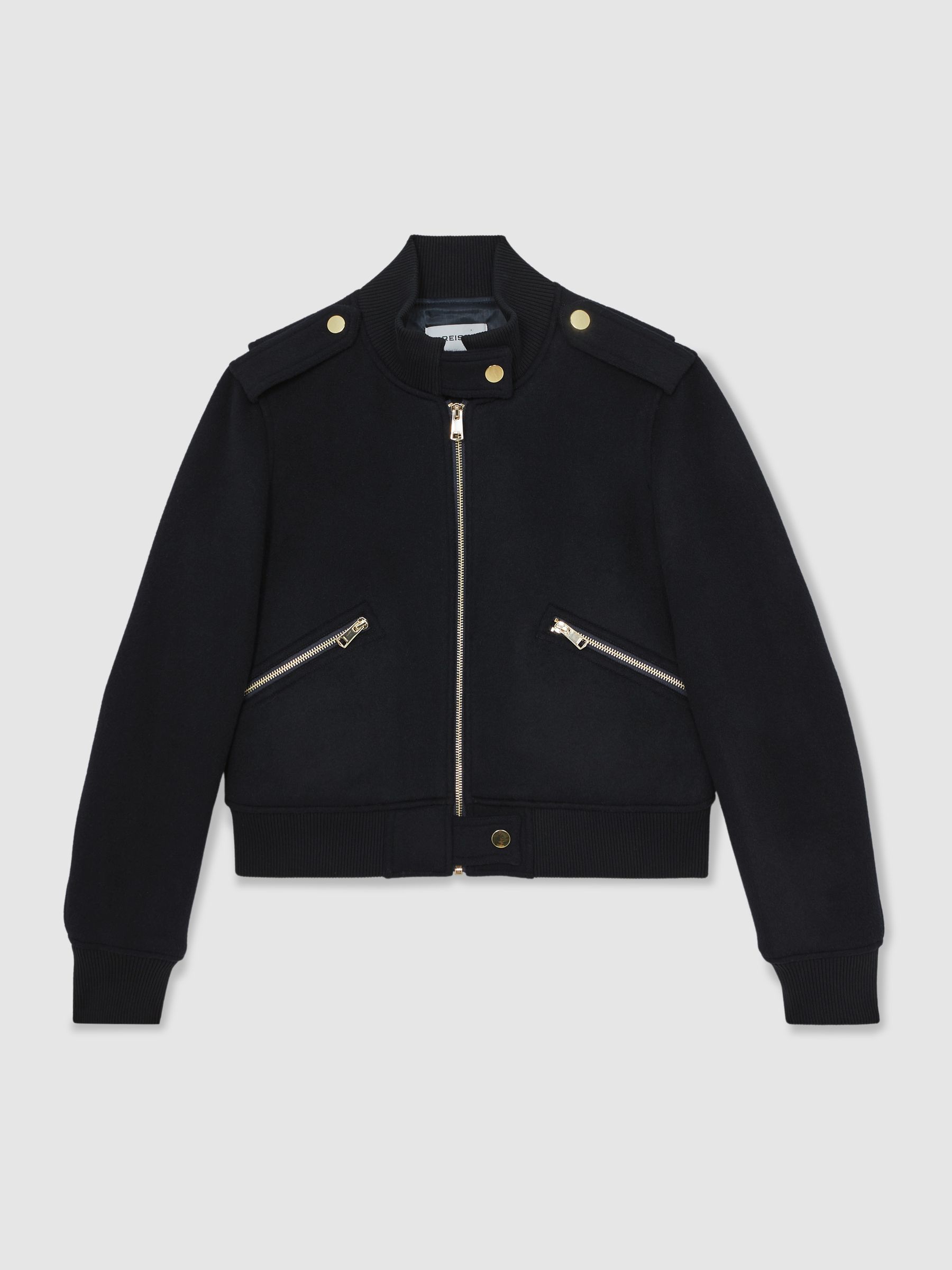 Brushed Wool Epaulette Bomber Jacket in Navy - Image 2 of 5