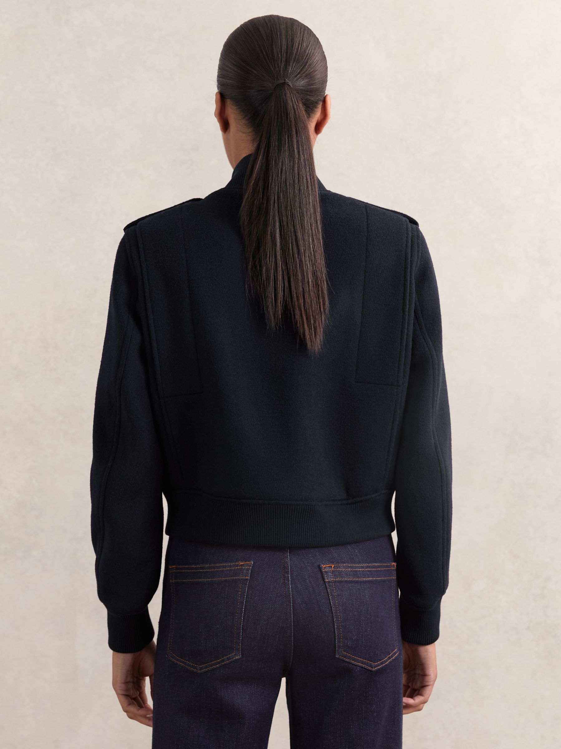 Brushed Wool Epaulette Bomber Jacket in Navy - Image 4 of 5
