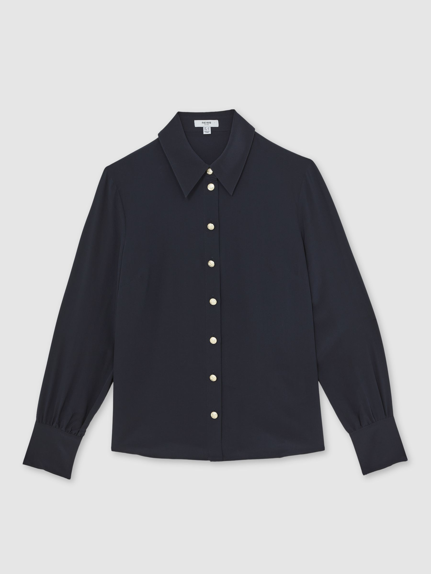 Silk Embossed-Button Shirt in Navy - Image 2 of 6