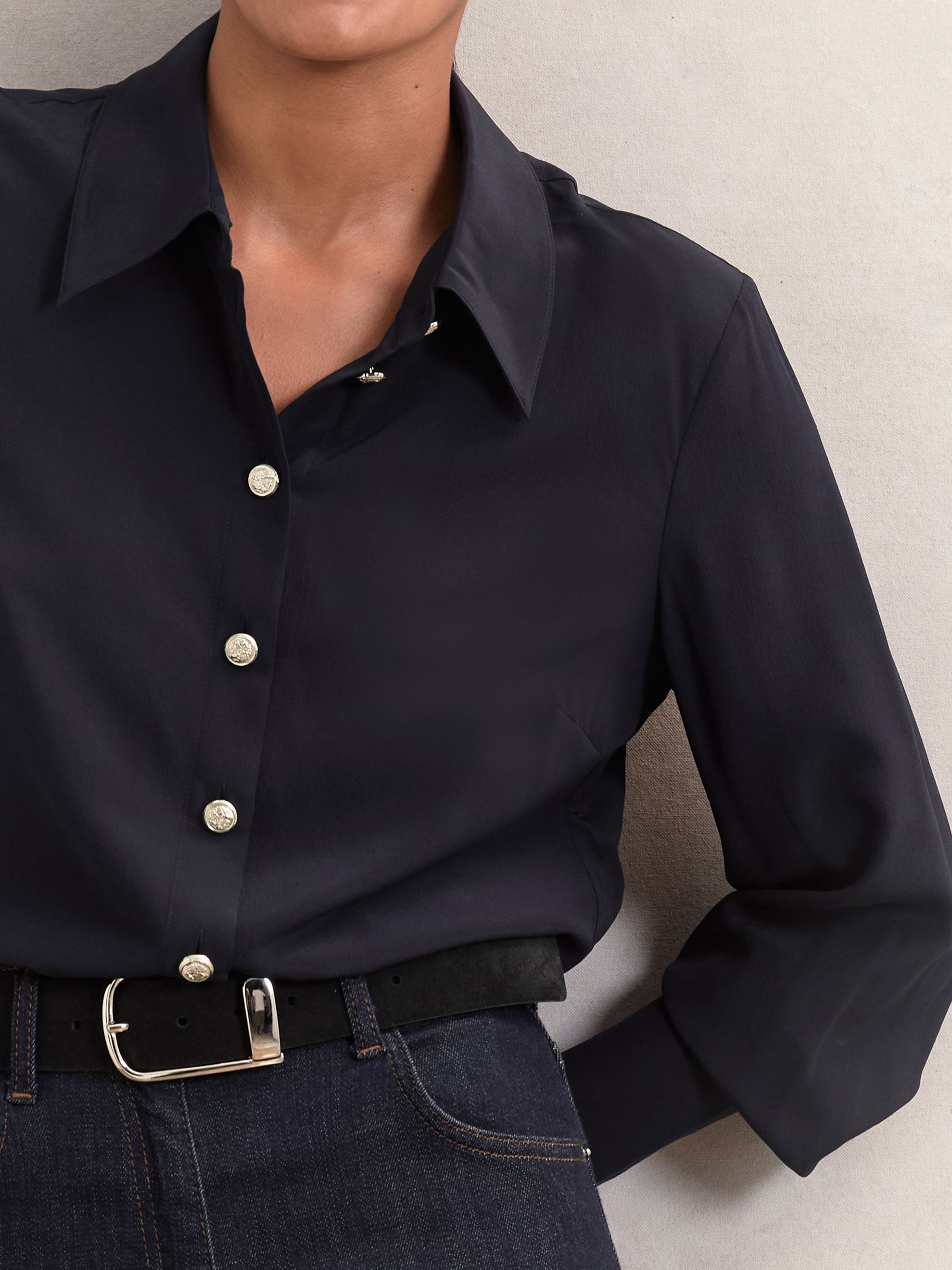 Silk Embossed-Button Shirt in Navy - Image 3 of 6