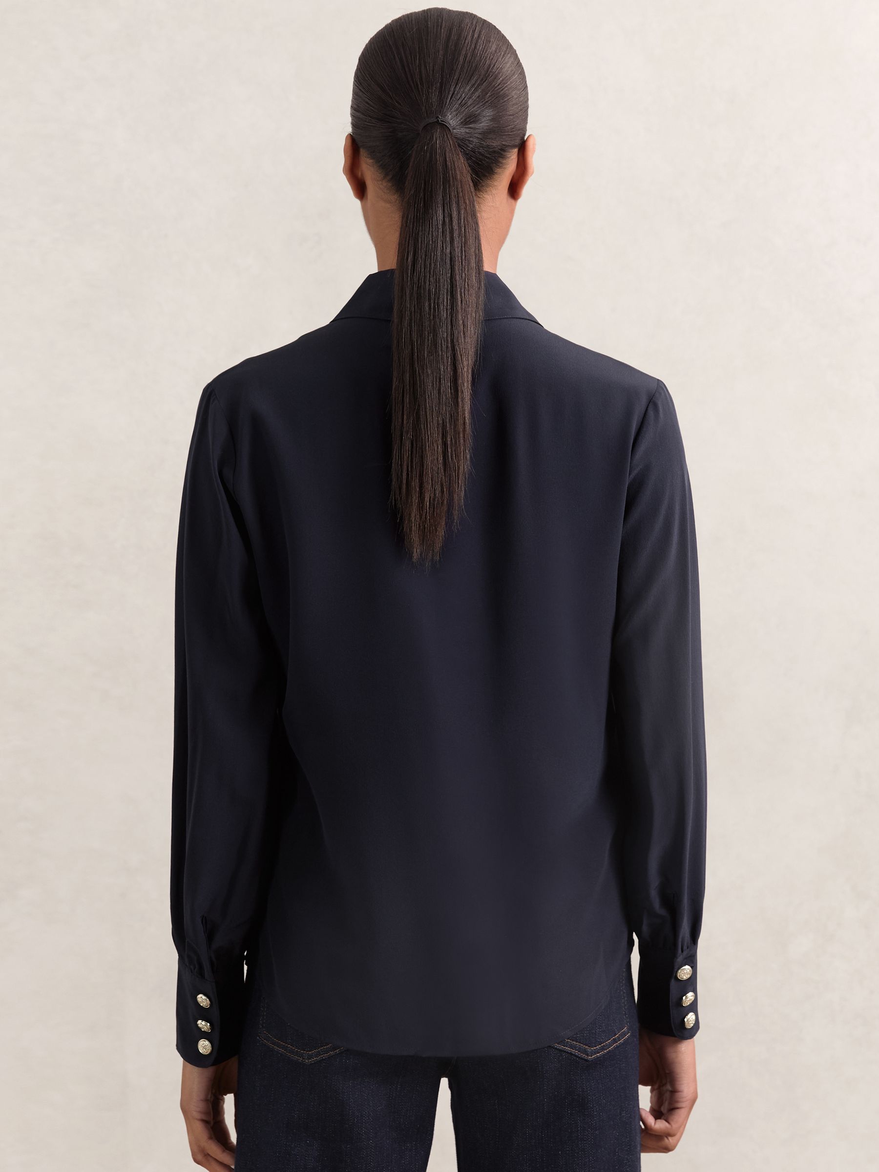 Silk Embossed-Button Shirt in Navy - Image 5 of 6