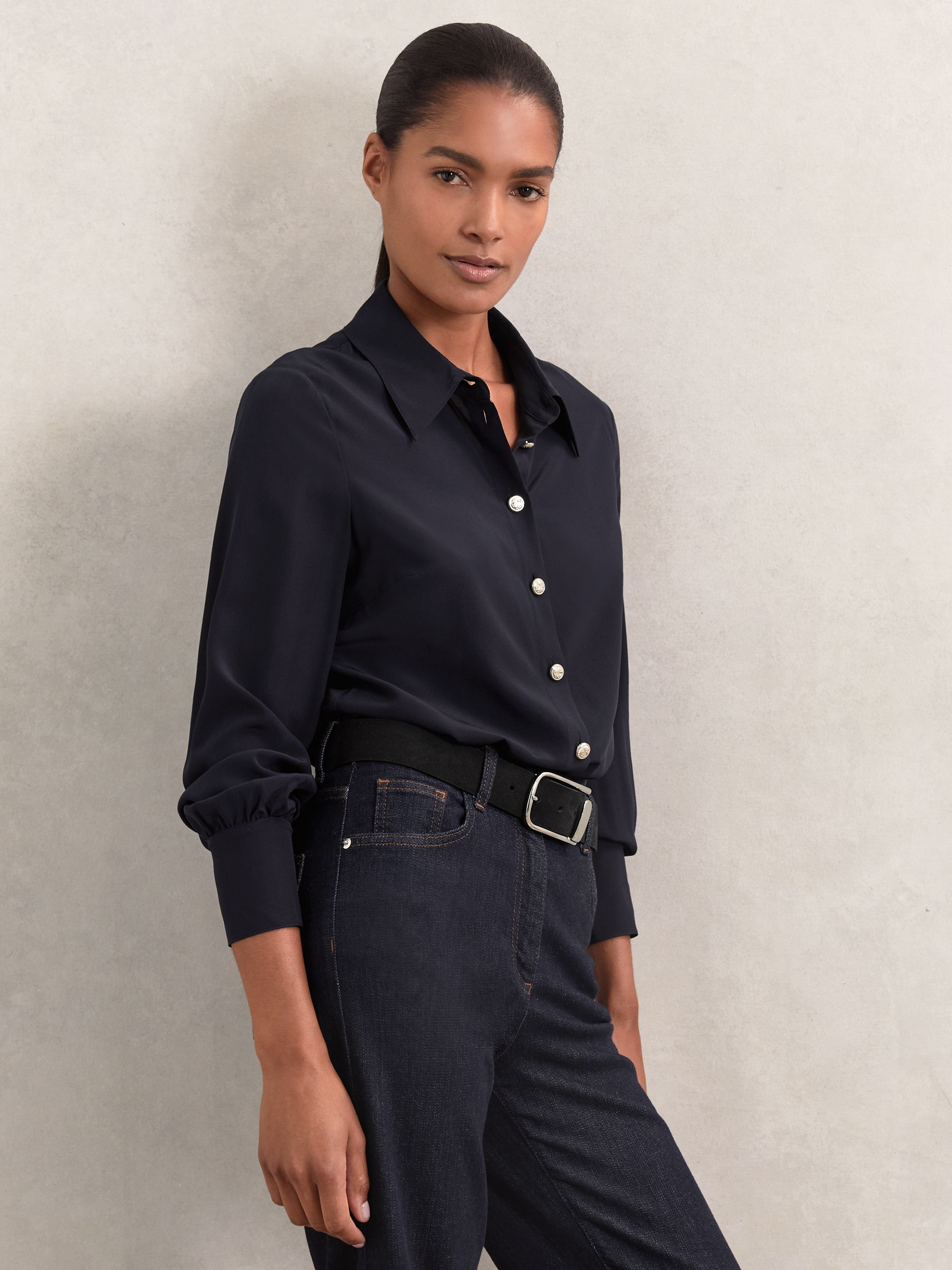 Silk Embossed-Button Shirt in Navy - Image 6 of 6
