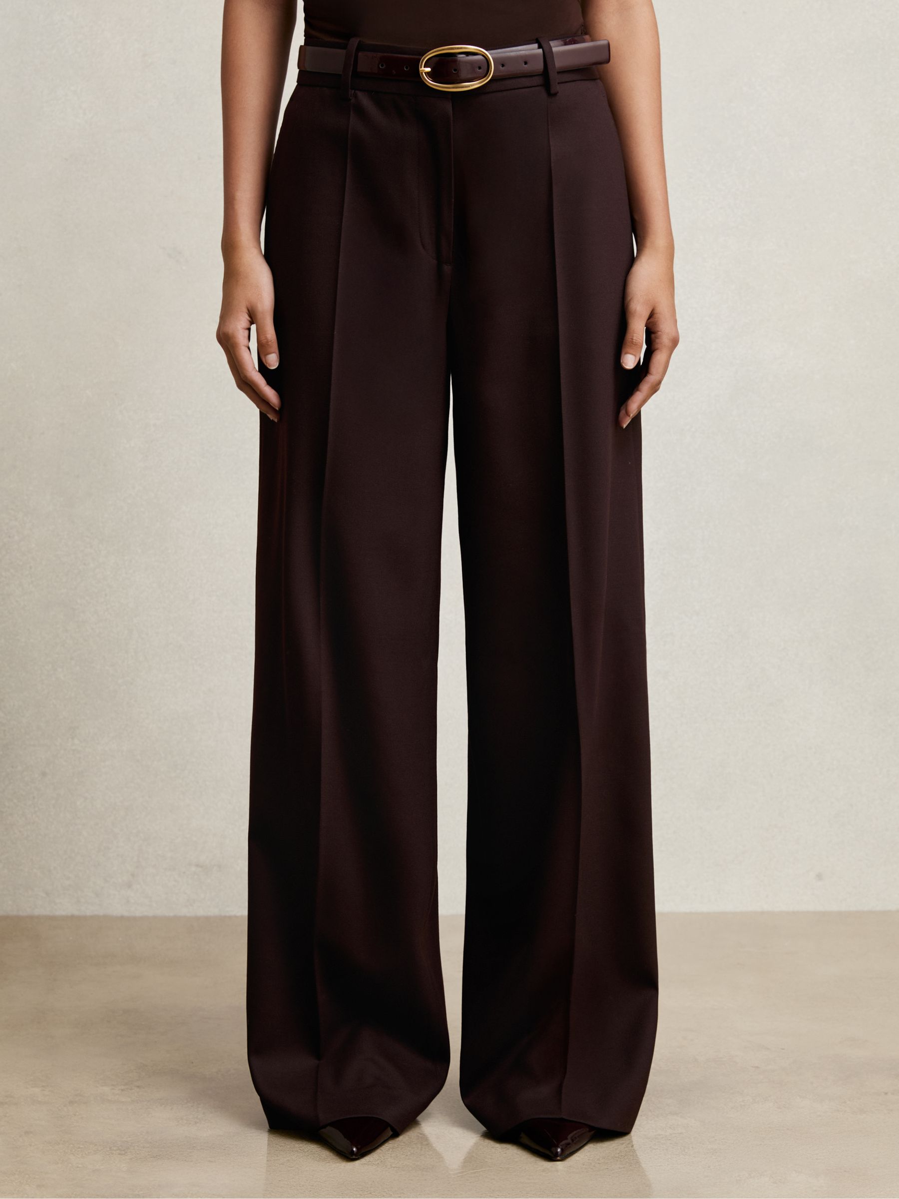 Reiss Wool-Blend Wide-Leg Suit Trousers in Aubergine | REISS