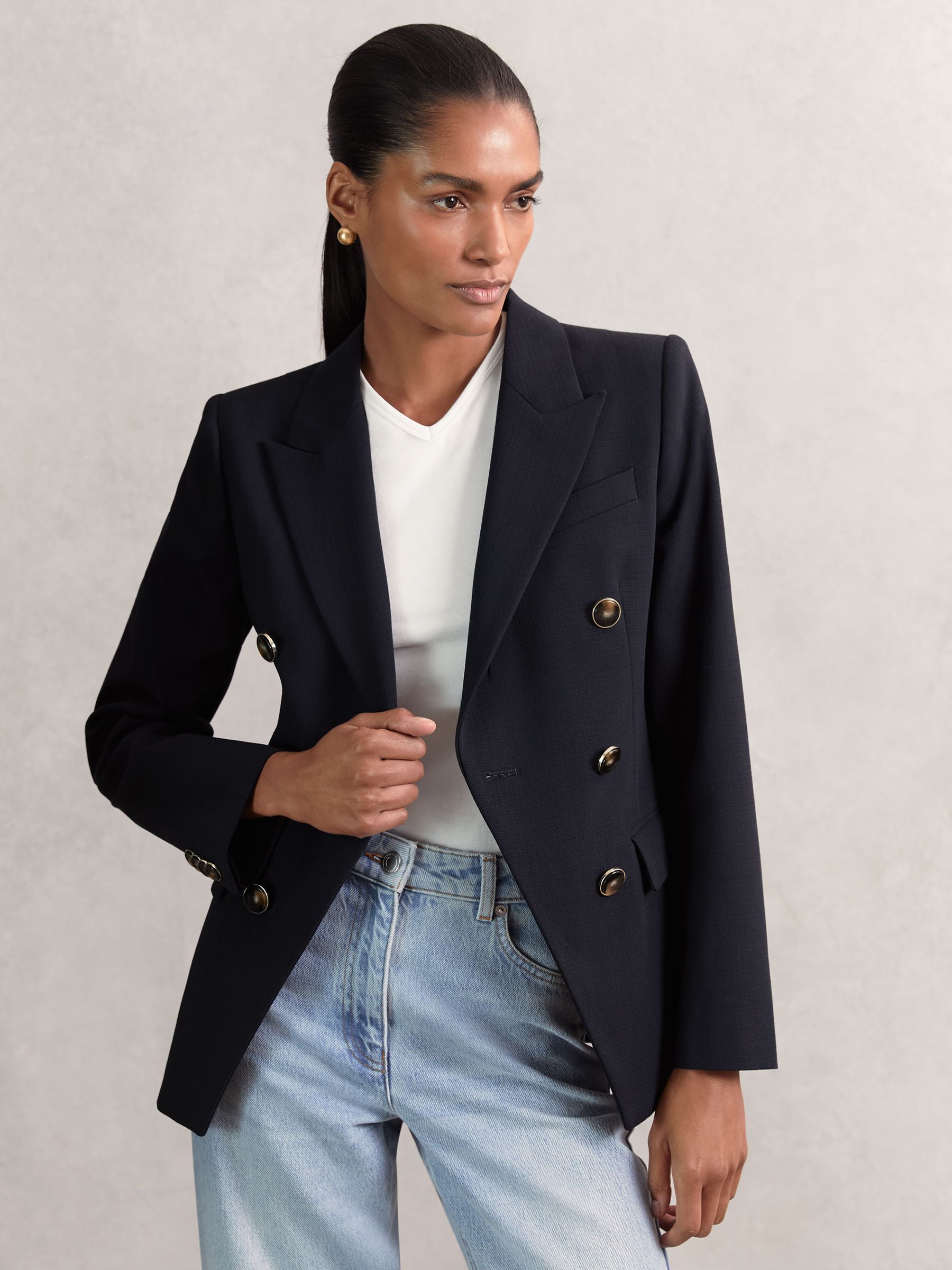 Wool-Blend Double-Breasted Blazer in Navy - Image 1 of 8