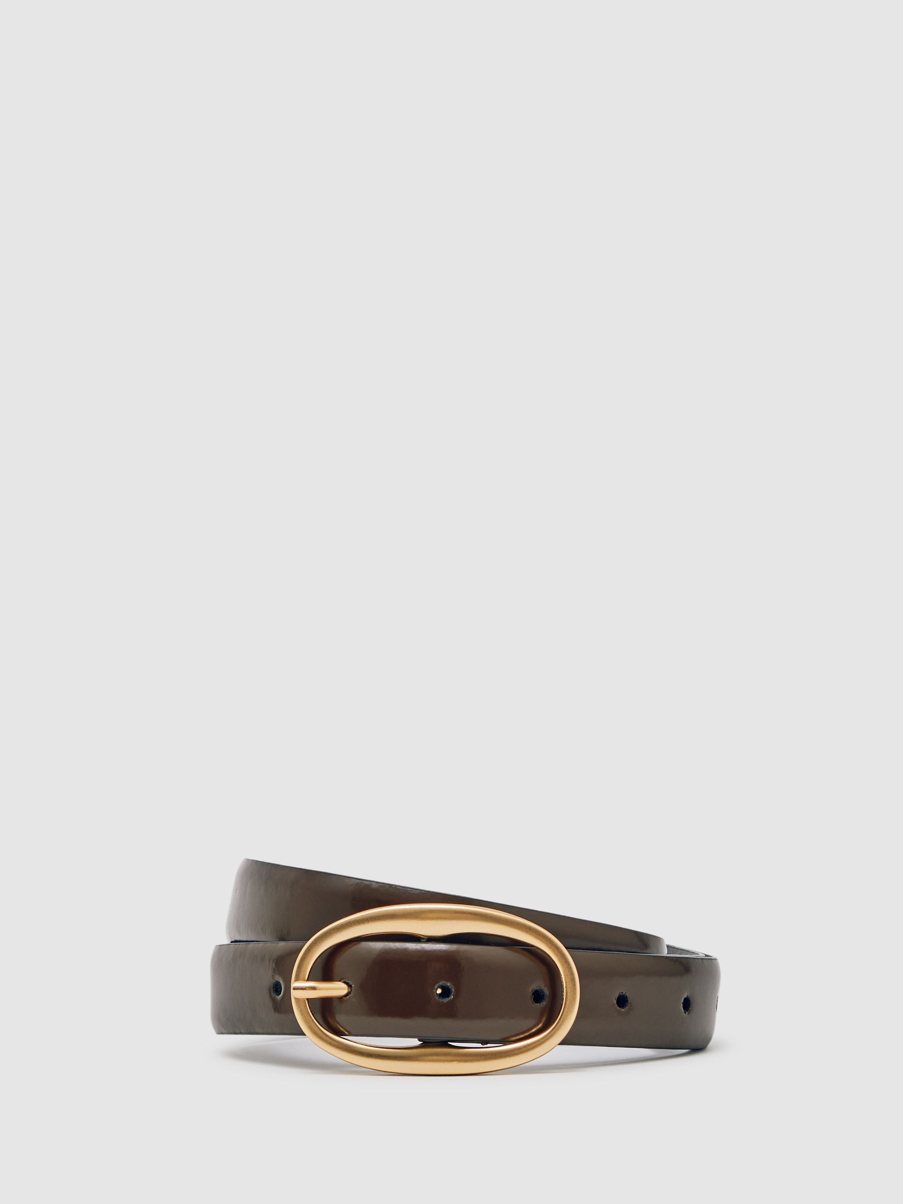 Patent Leather Oval Buckle Belt in Chocolate - Image 1 of 3 Patent Leather Oval Buckle Belt in Chocolate - Image 1 of 3