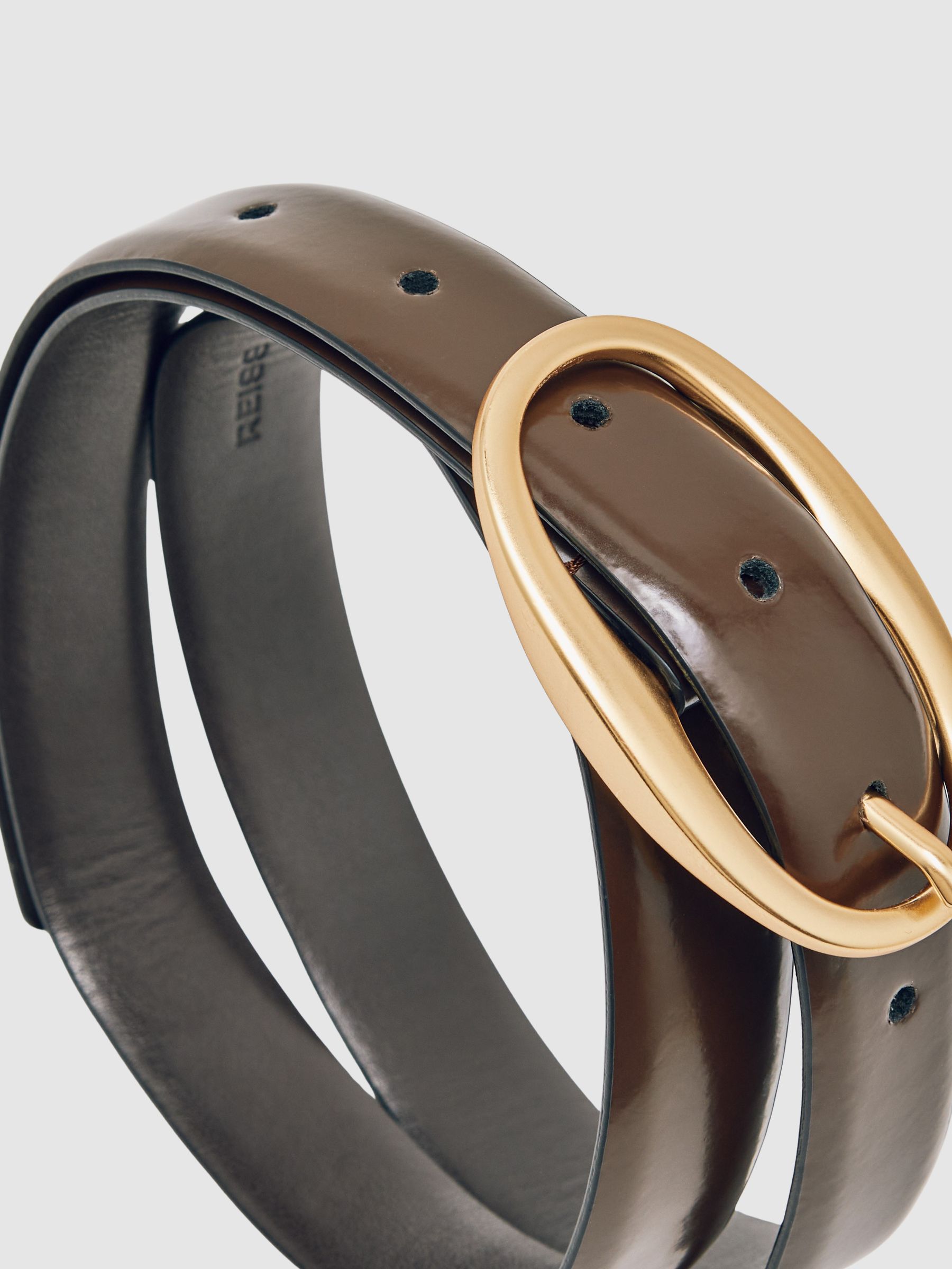 Patent Leather Oval Buckle Belt in Chocolate - Image 4 of 5