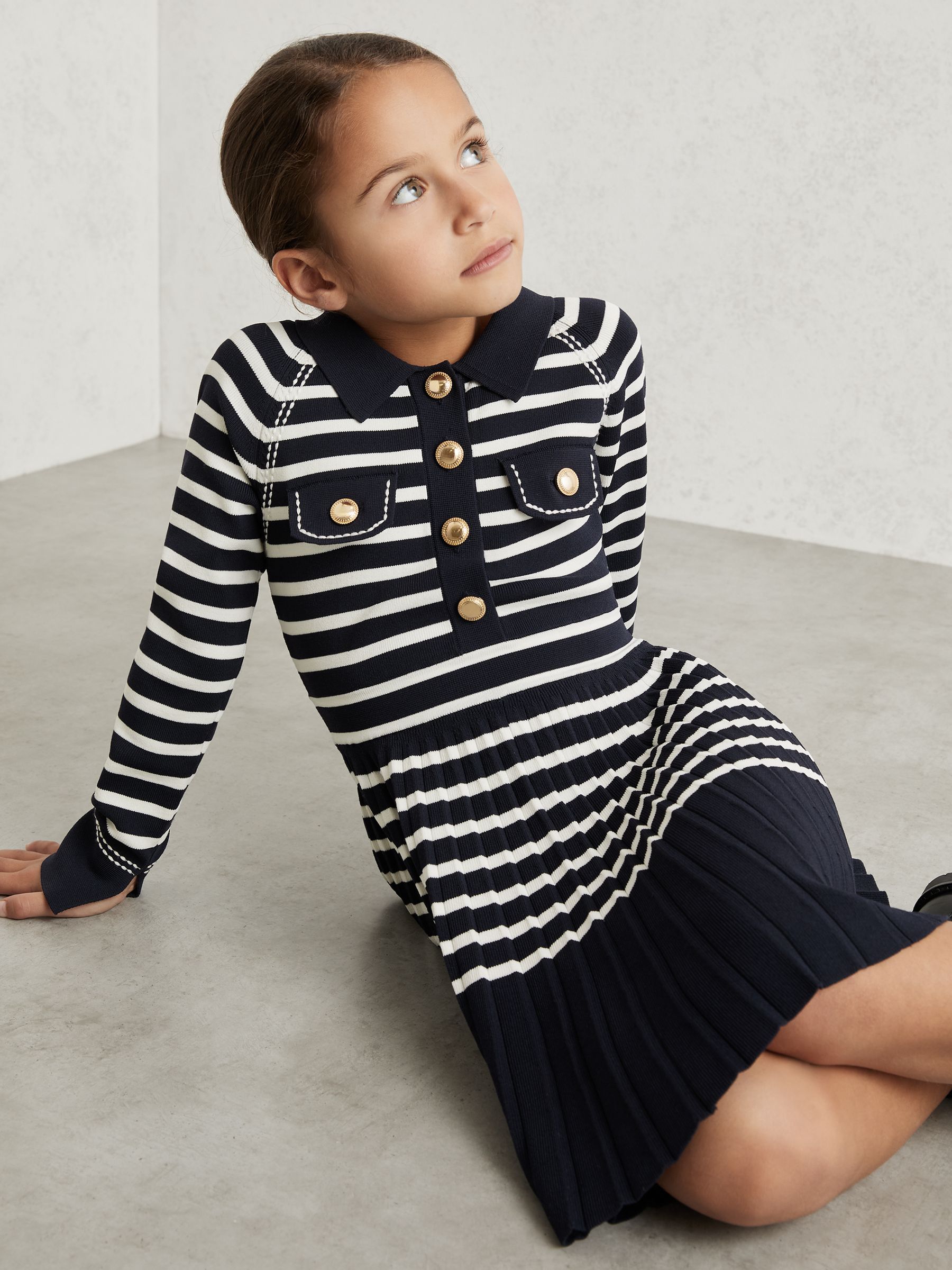 9-13 yrs Button-Detail Stripe Knitted Dress in Navy/White - Image 2 of 4