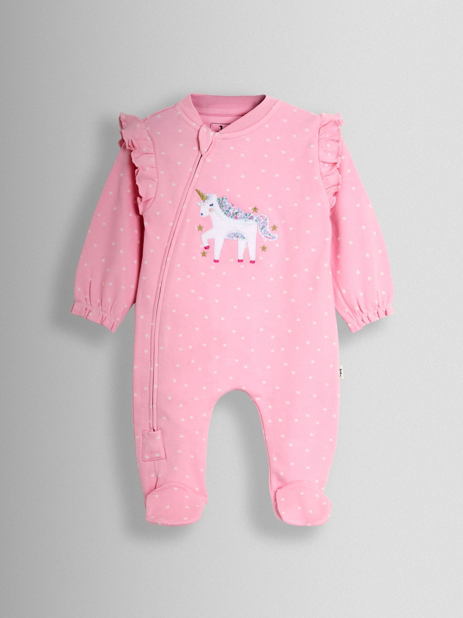 Pink Unicorn 100% Cotton Footed Frill Sleepsuit - Image 1 of 3