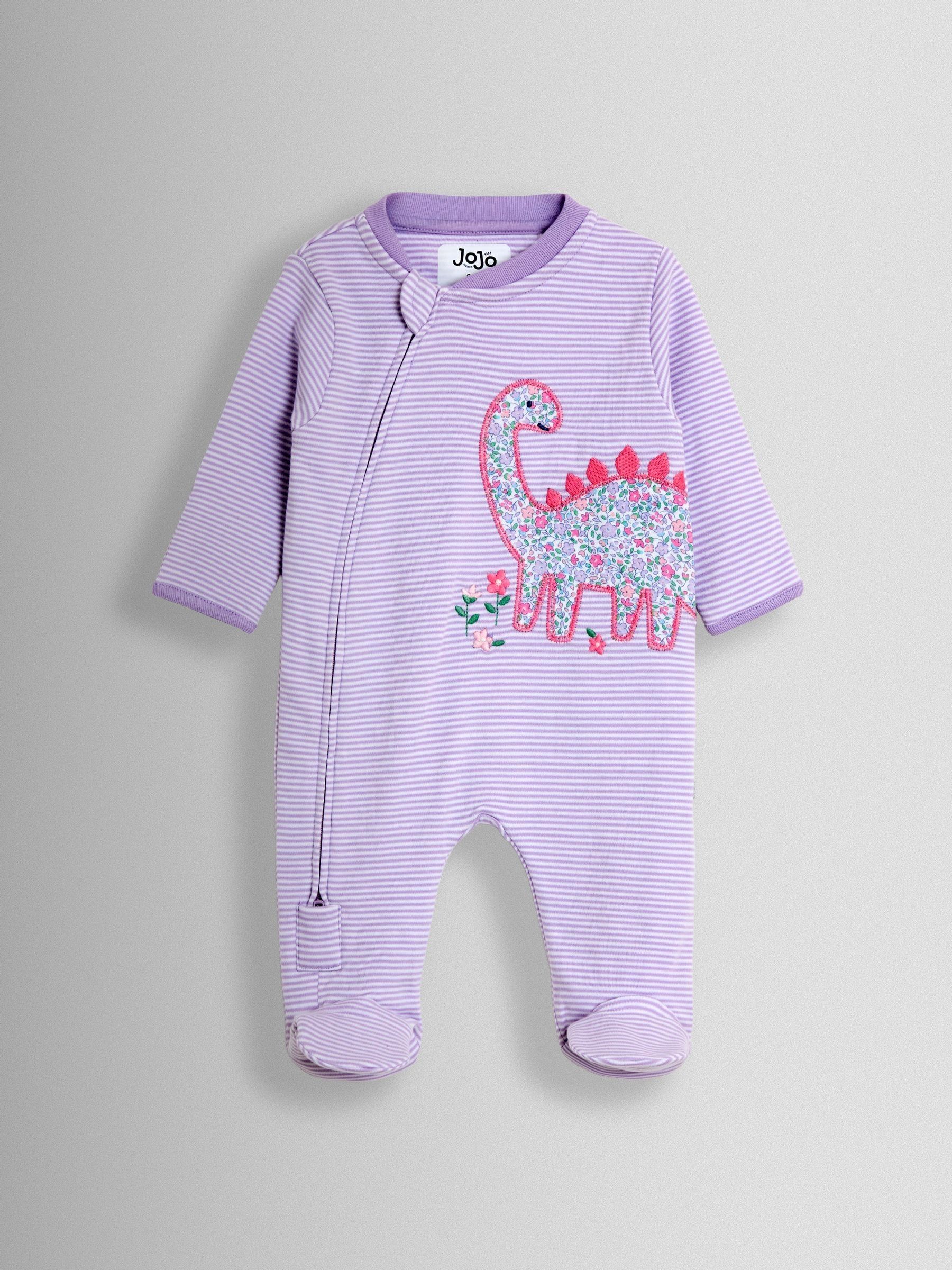 Purple Dino 100% Cotton Footed Stripe Appliqué  Sleepsuit - Image 1 of 3